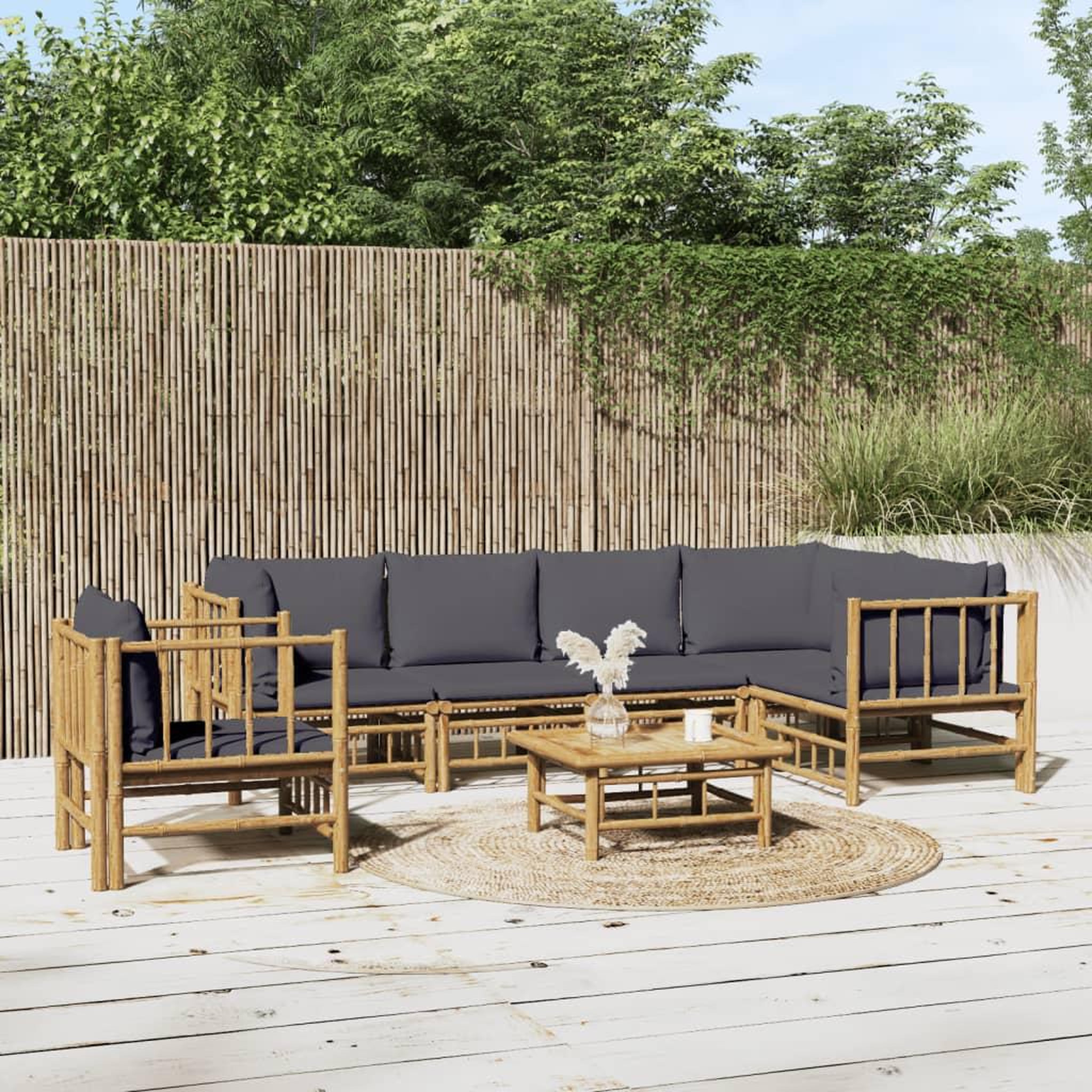 Voir la diapositive 1 : VIDAXL Salon de jardin 7 pcs avec coussins gris fonce bambou