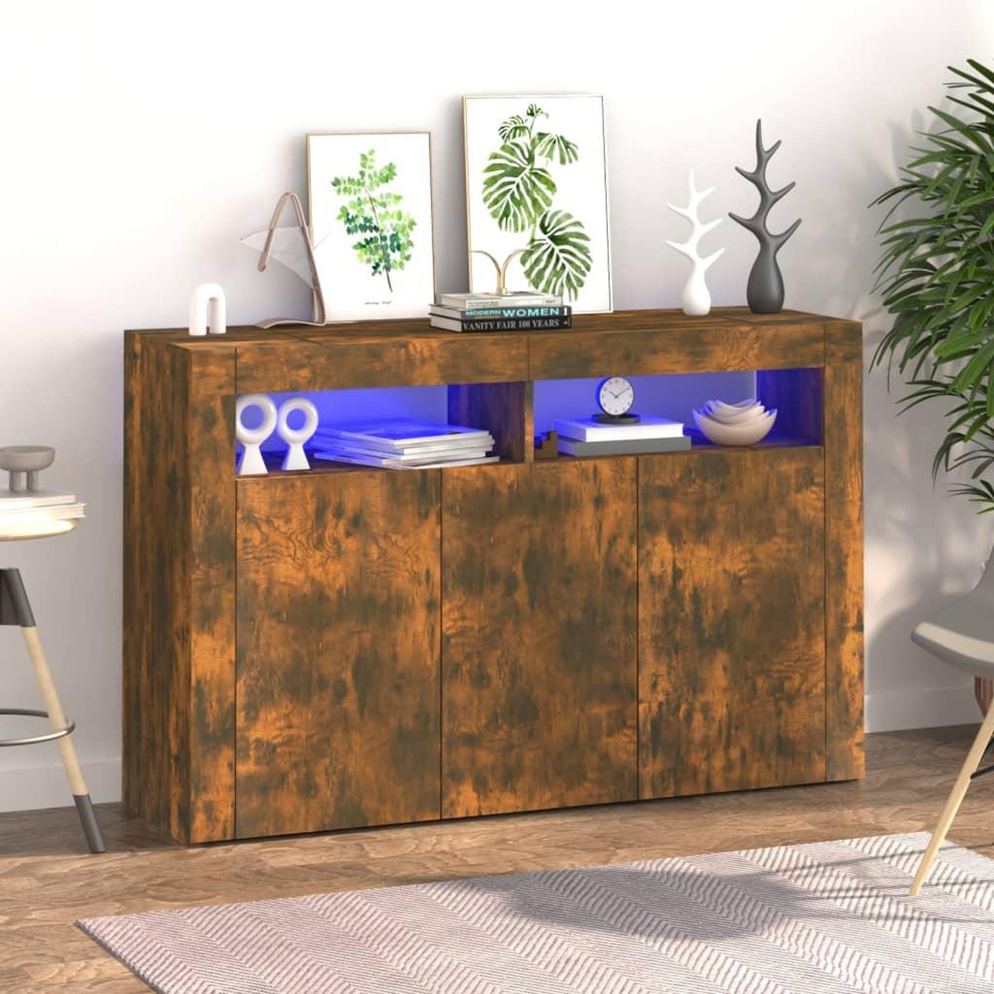 Voir la diapositive 1 : VIDAXL Buffet avec lumieres LED chene fume 115,5x30x75 cm