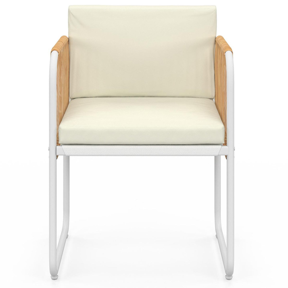 ID MARKET Lot de 4 chaises RIO structure métal blanc, cordage effet rotin clair et coussins beiges