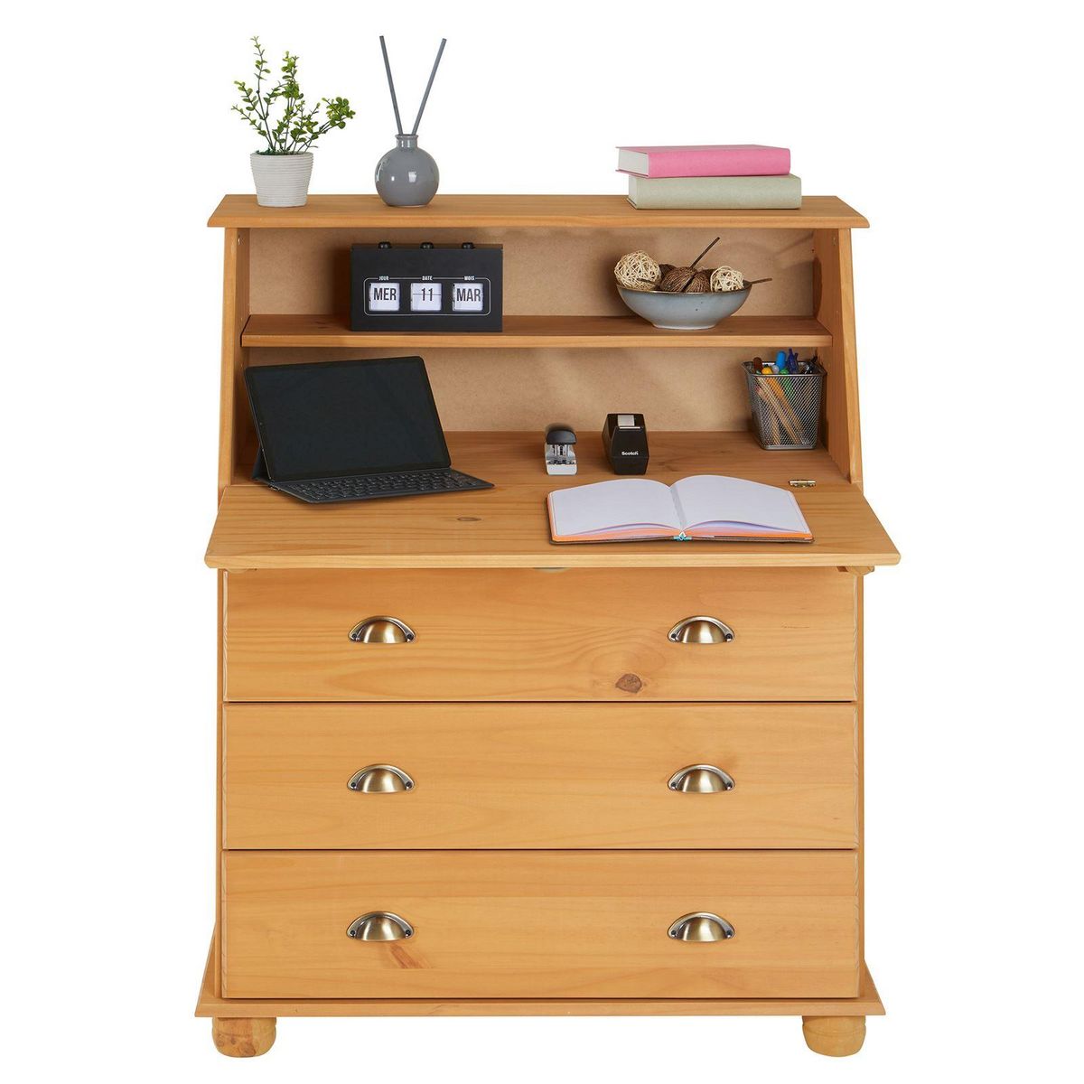IDIMEX Bureau secrétaire GOMES avec 3 tiroirs en pin massif