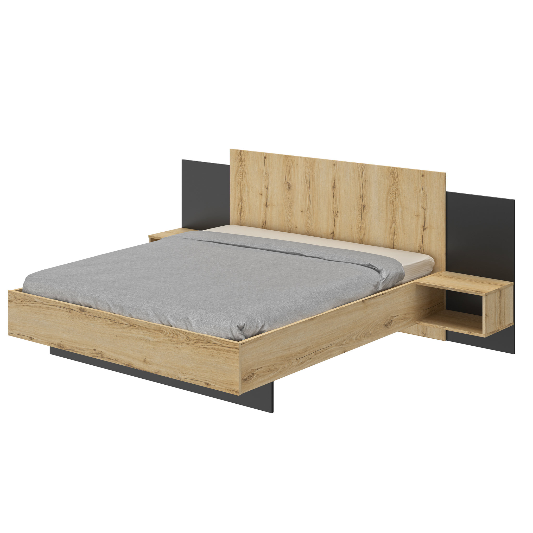 Voir la diapositive 1 : GAMI Lit 140x190 cm avec 2 chevets lambris intégrés MEZOS