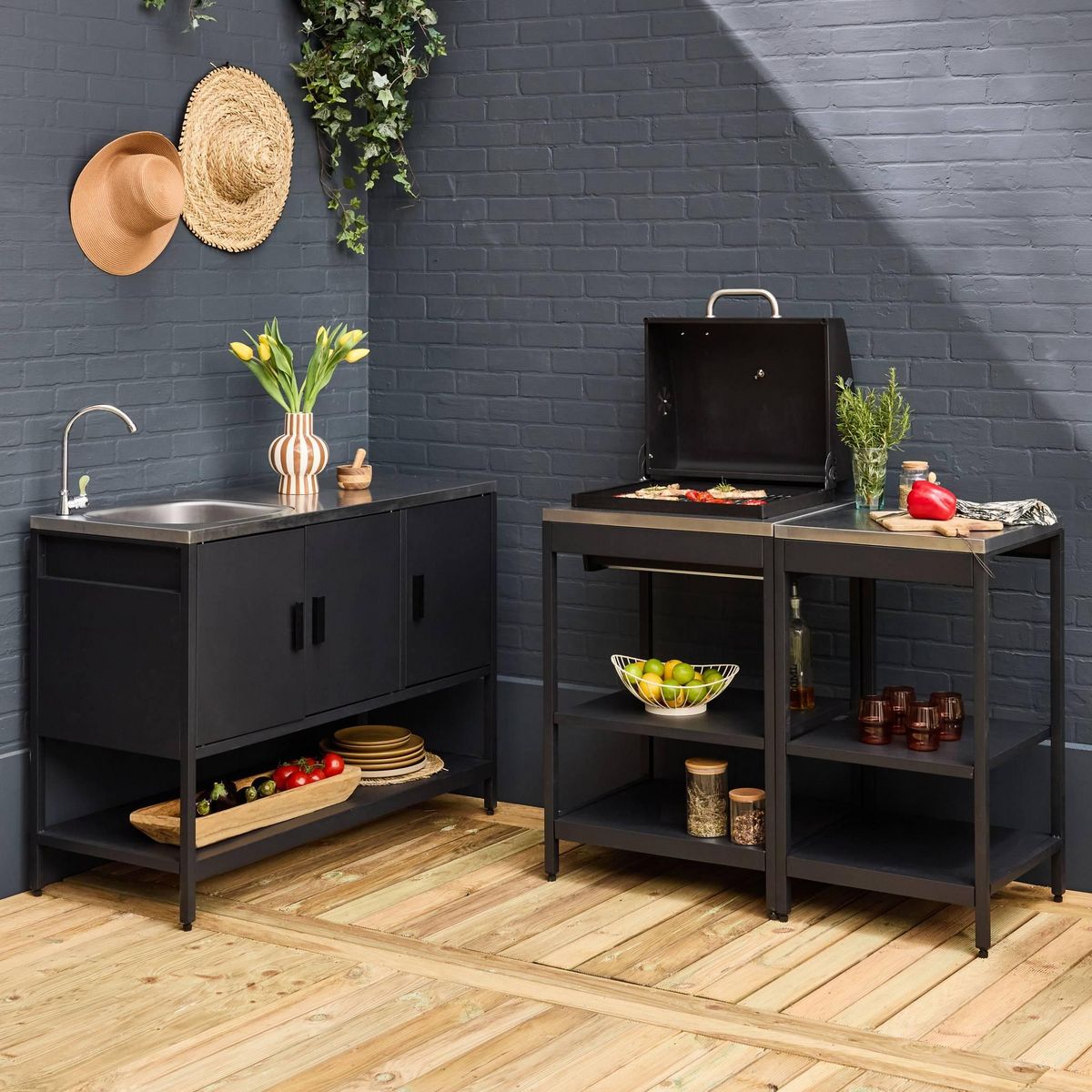 SWEEEK Cuisine extérieure Naxos 3 modules acier inoxydable avec barbecue au charbon