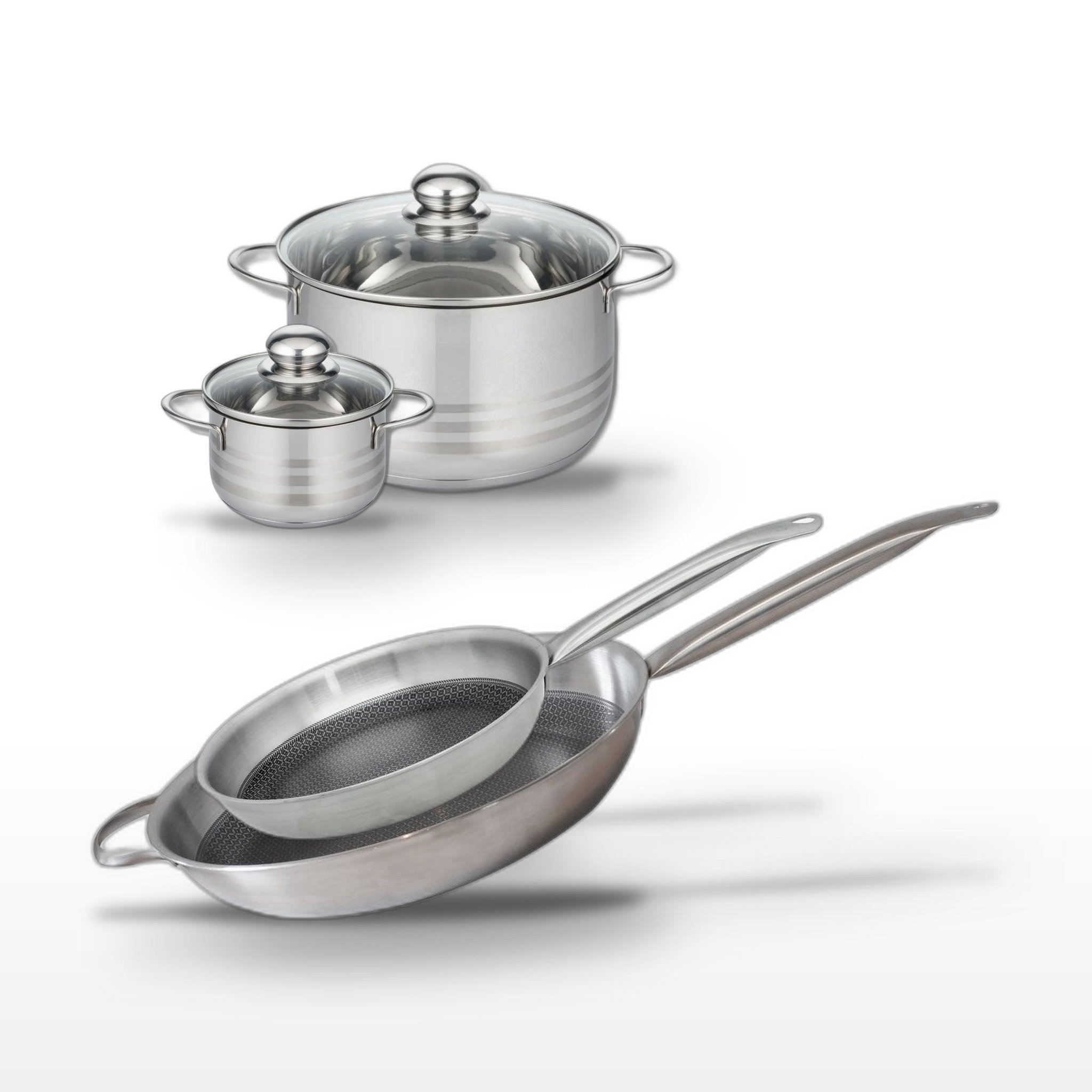 ELO Batterie de cuisine avec 2 faitouts 12/20 cm et 2 poêles de cuisson 28/32 cm en inox sans pfas elo collection relief solution brillant