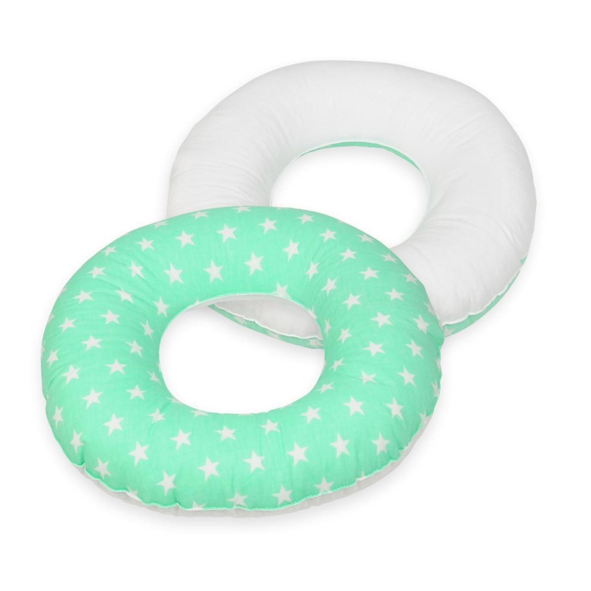 VELINDA Coussin rond post natal etoiles blanches sur fond bleu menthe – blanc