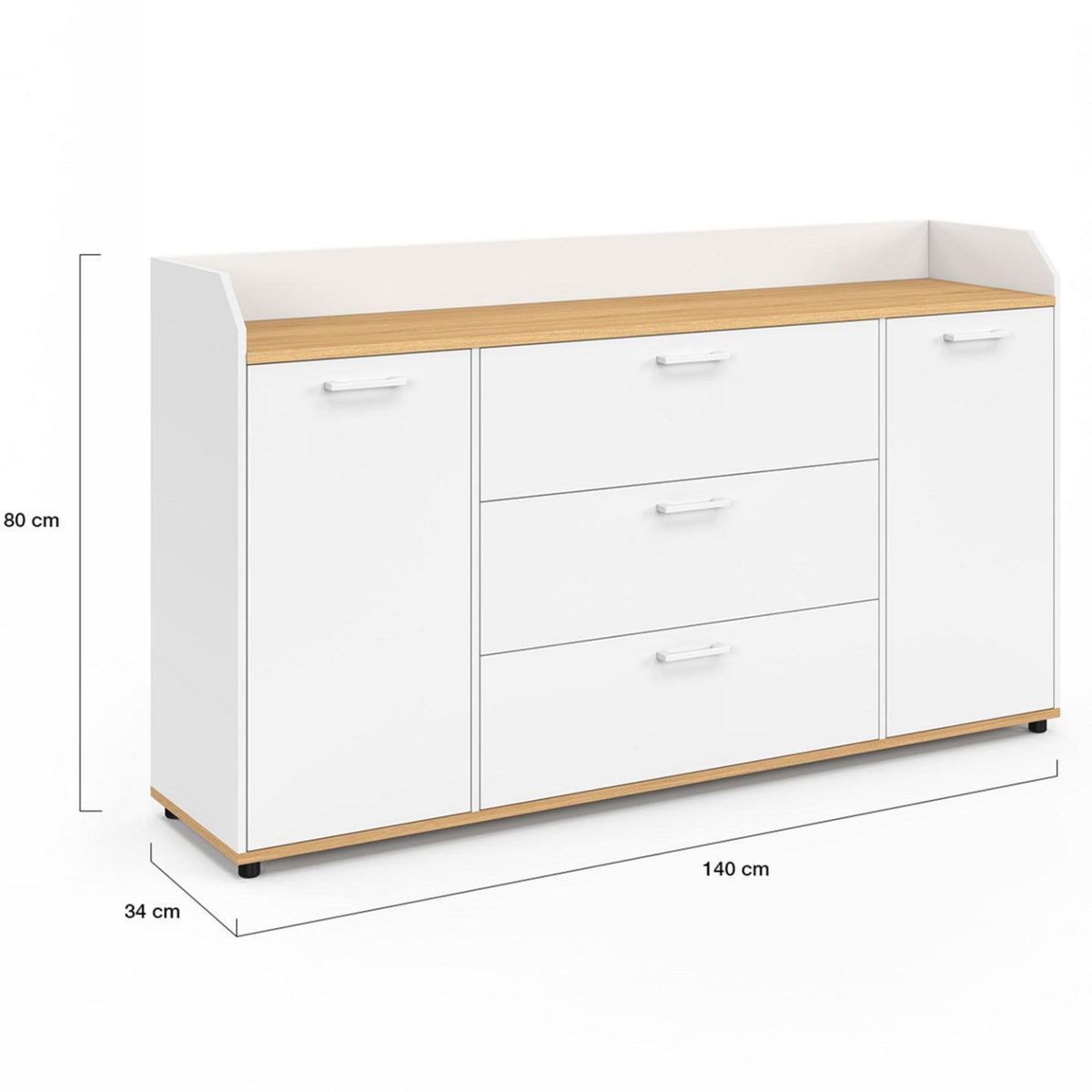 ID MARKET Buffet 140 cm JABA 4 portes avec rebord blanc et plateau bois façon hêtre