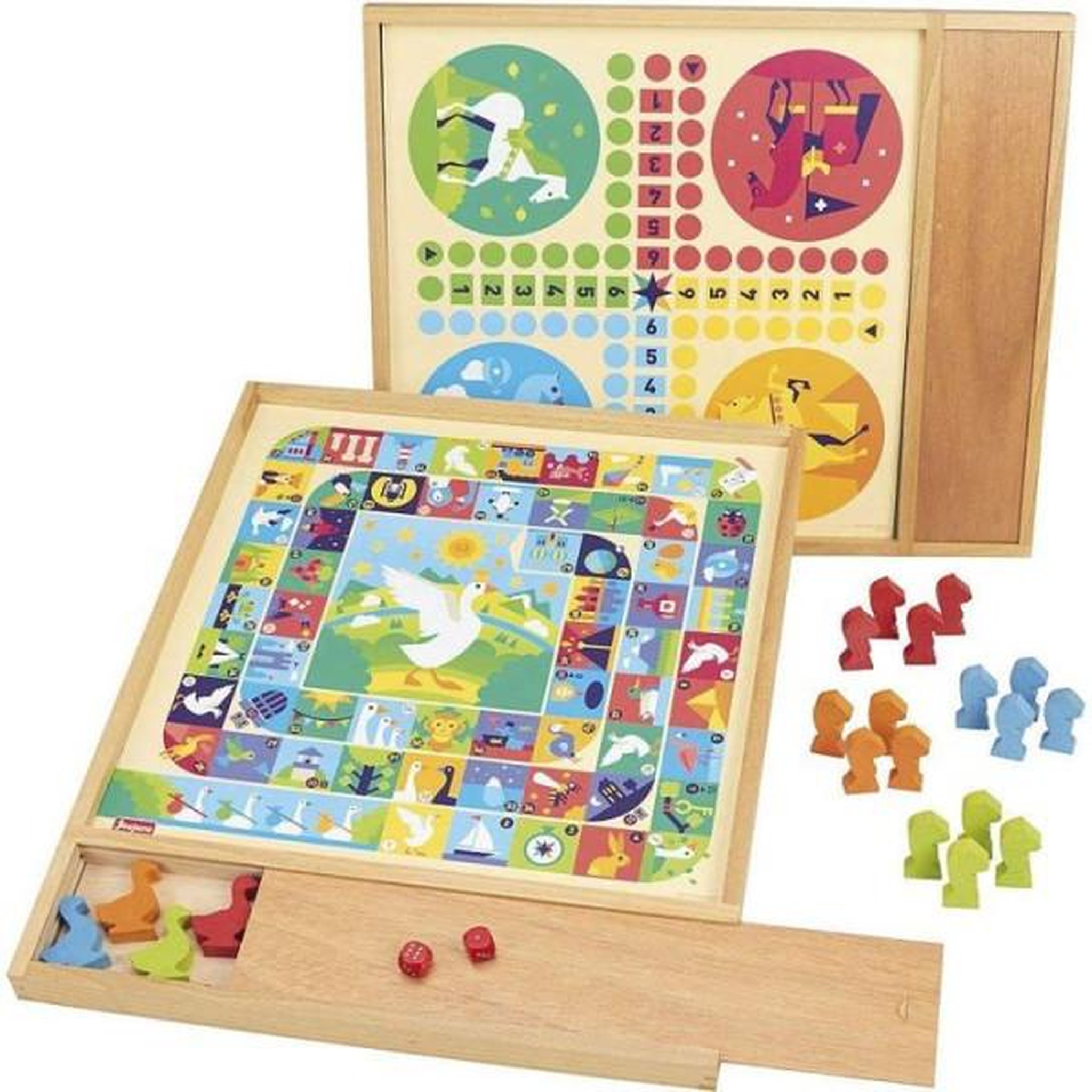 Voir la diapositive 2 : JeuJura JEUJURA Jeux de l'oie et petits chevaux - Plateau avec plumier en bois