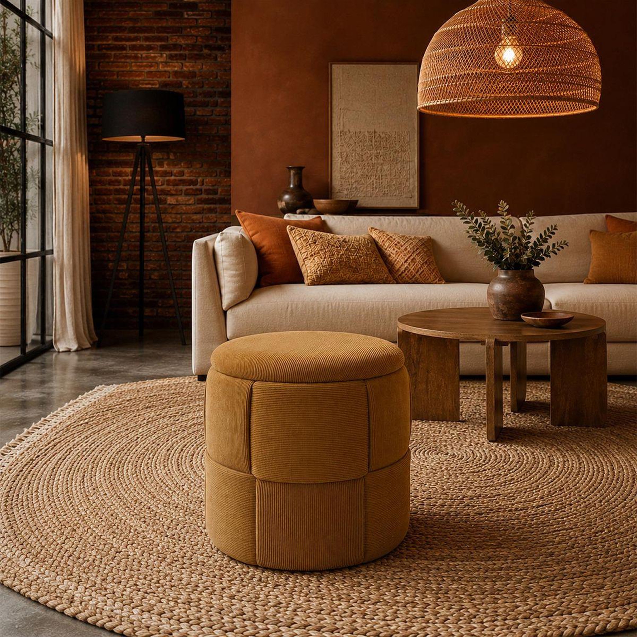 Voir la diapositive 4 : The Home Deco Factory Pouf Coffre Tressé Côtelé  Jules  38cm Jaune