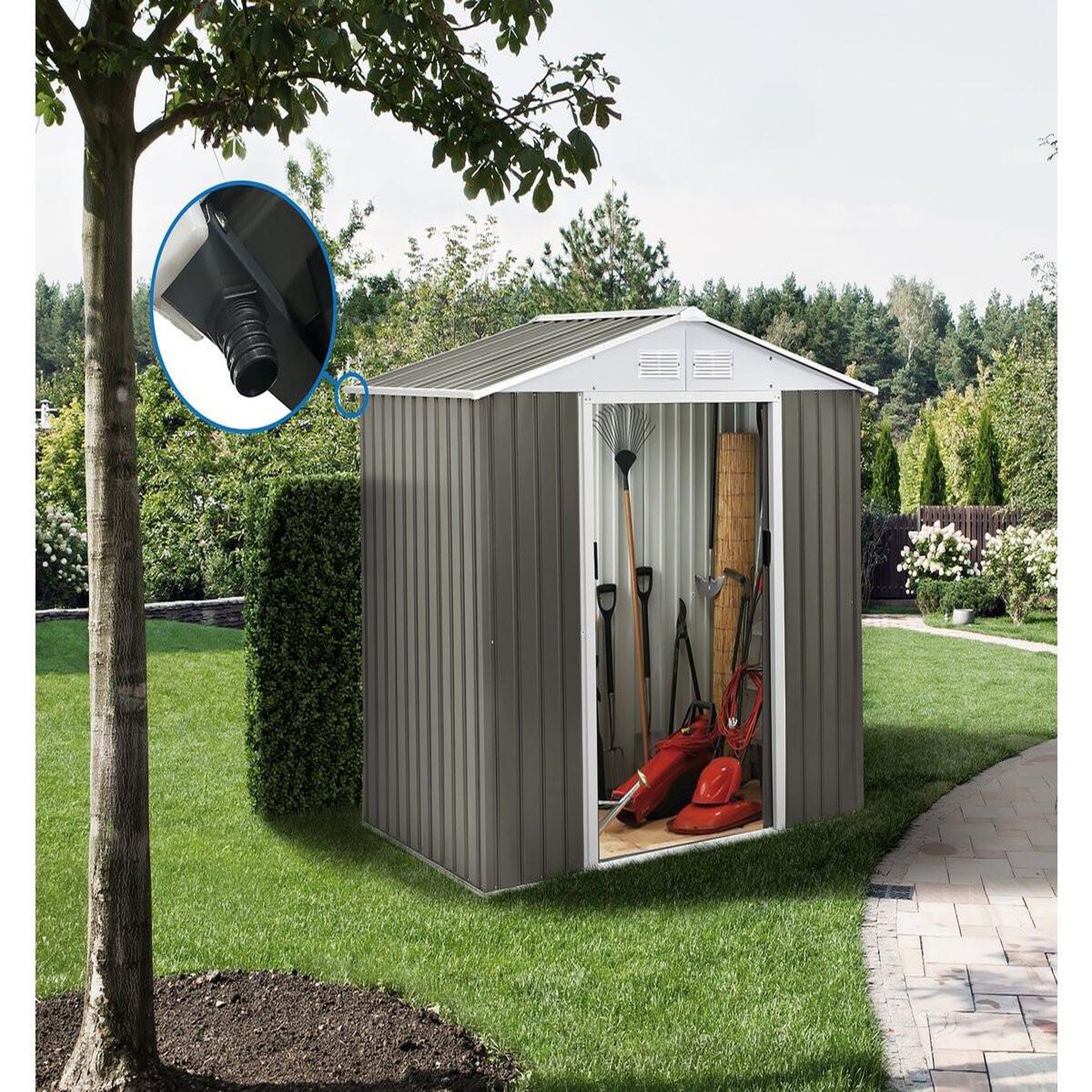 Voir la diapositive 2 : Habitat et Jardin Abri jardin métal  dallas   - 5,29 m² avec gouttière - taupe