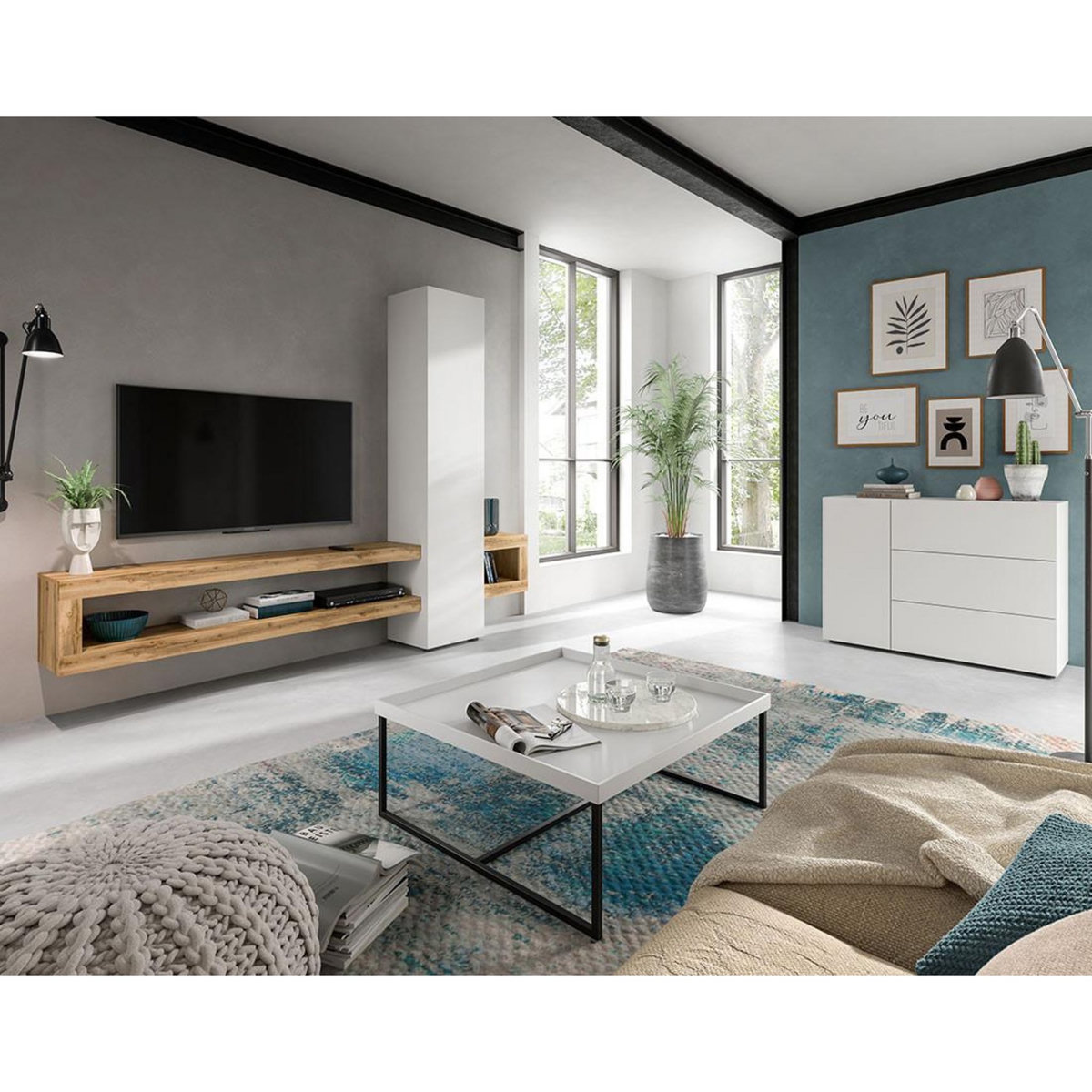 BEST MOBILIER Ned - meuble tv suspendu - 1 porte et 3 étagères - effet bois et blanc - 240 cm