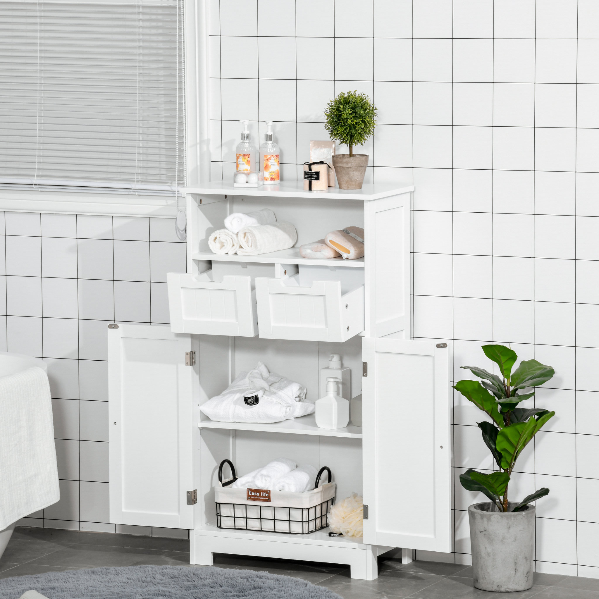 Voir la diapositive 4 : KLEANKIN Meuble bas de salle de bain multi-rangements grande niche 2 tiroirs placard double porte avec étagère MDF blanc