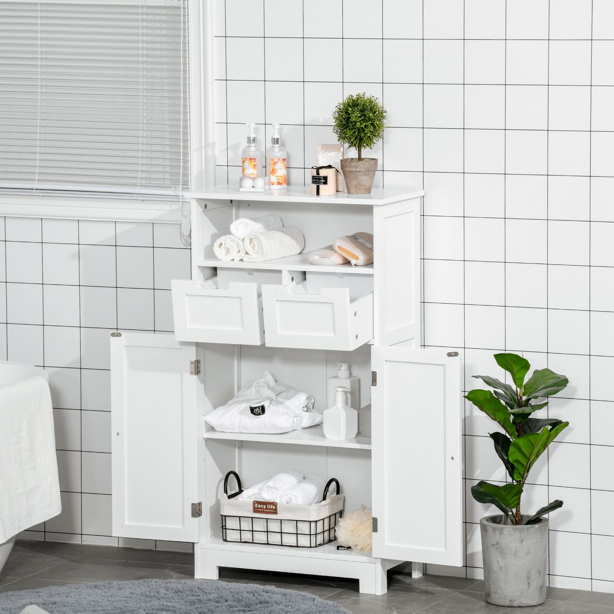 KLEANKIN Meuble bas de salle de bain multi-rangements grande niche 2 tiroirs placard double porte avec étagère MDF blanc