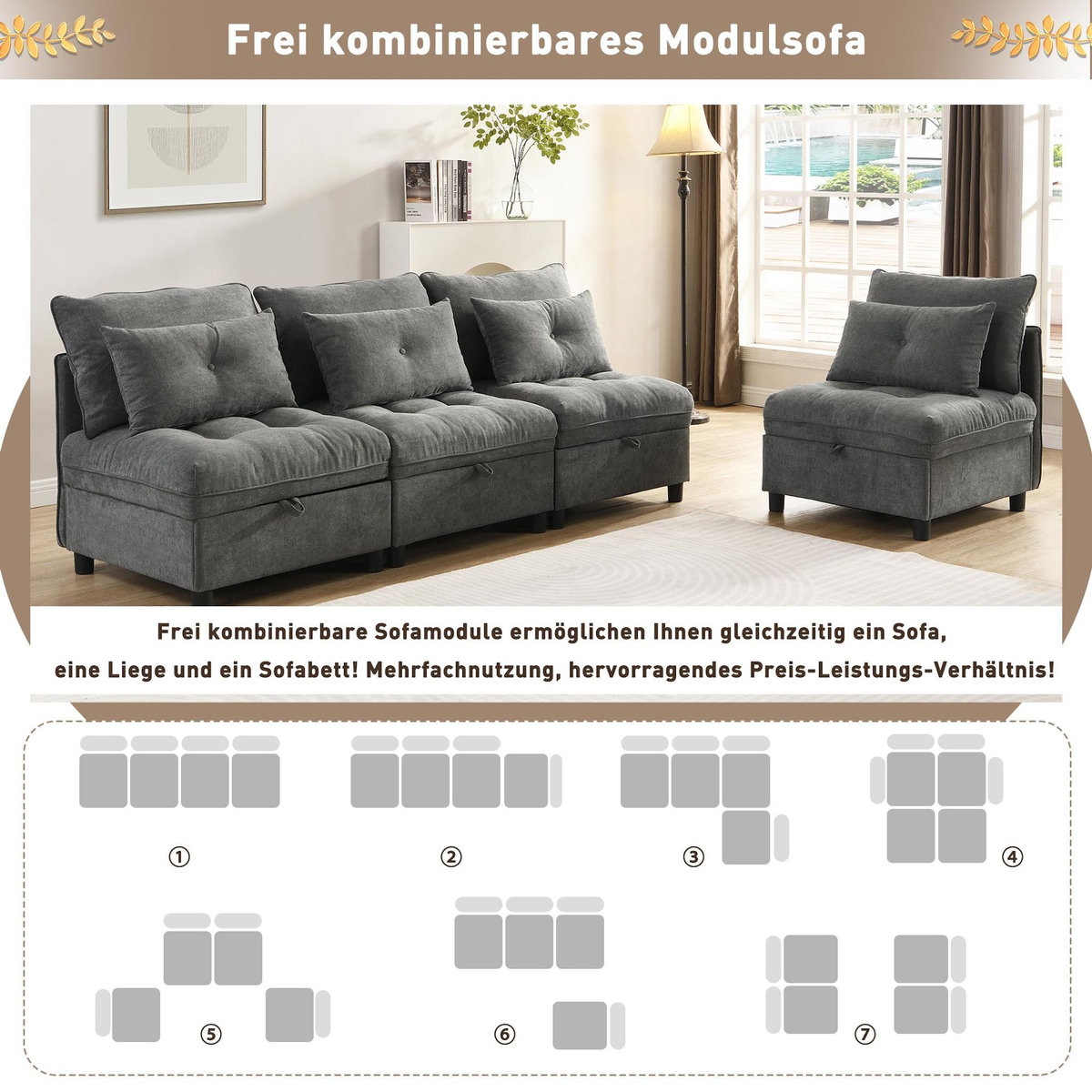 MERAX Canapé droit convertible 4 places tissu