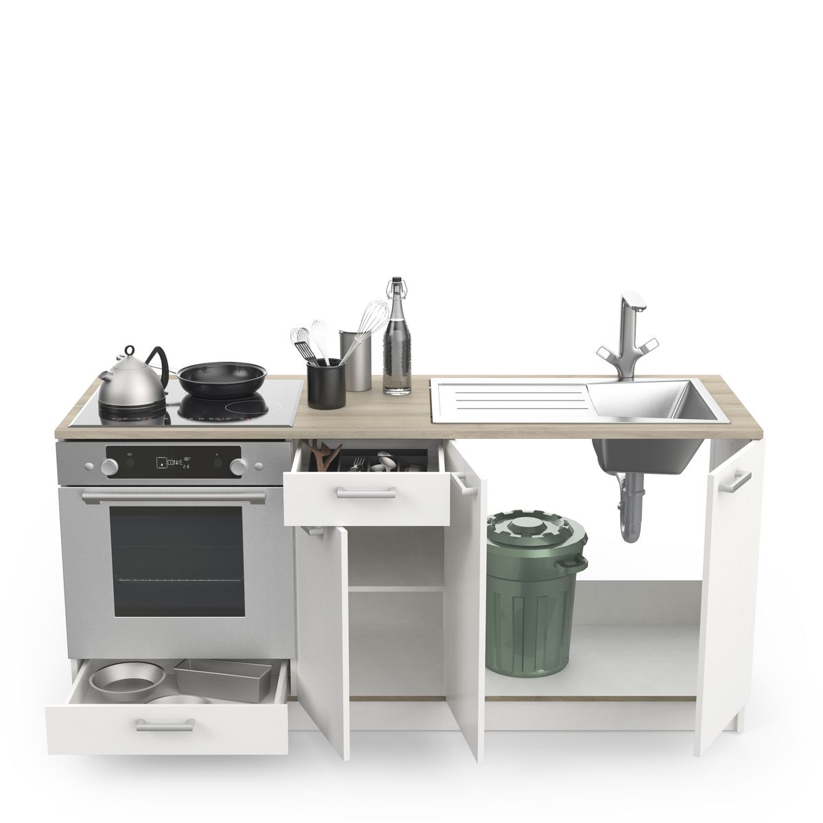 Meuble de cuisine bas 3 portes 2 tiroirs 2 niches de rangement L180cm TIRAMISU