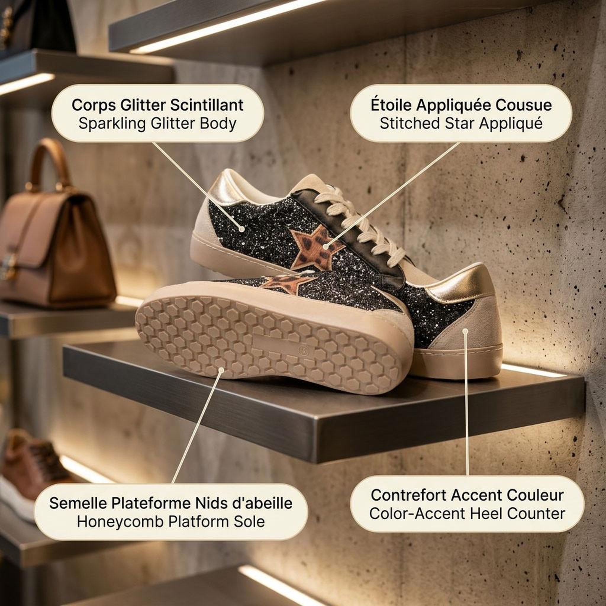 Voir la diapositive 4 : OZABI OZABI Sneakers Étoile Femme Glitter Plateforme MMXXIV