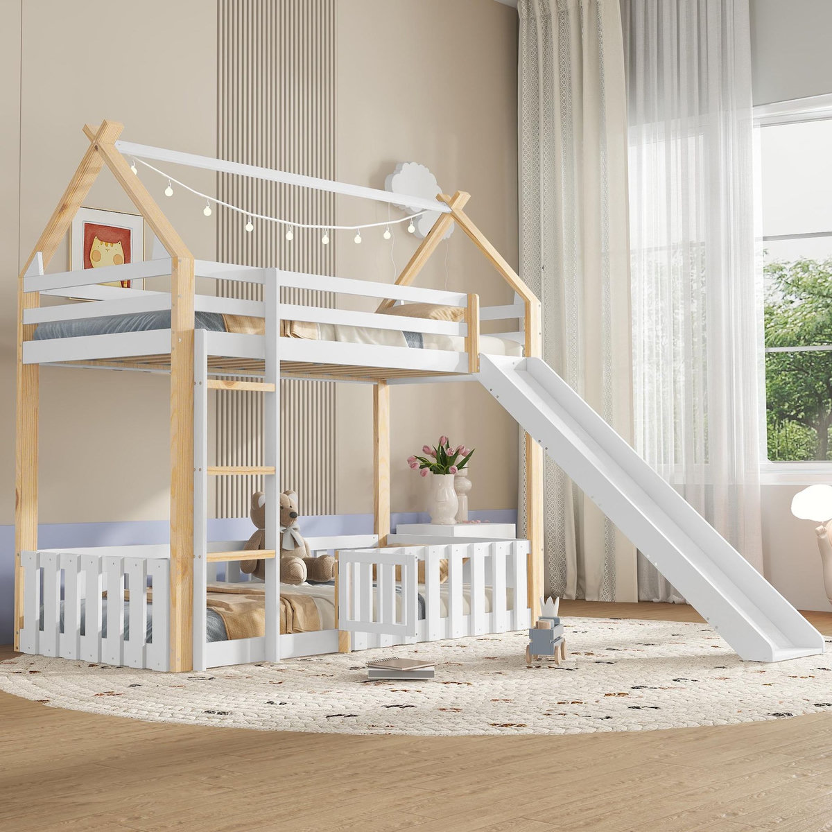 MERAX Lit superposé 90x200cm coloris blanc+naturel pin et mdf