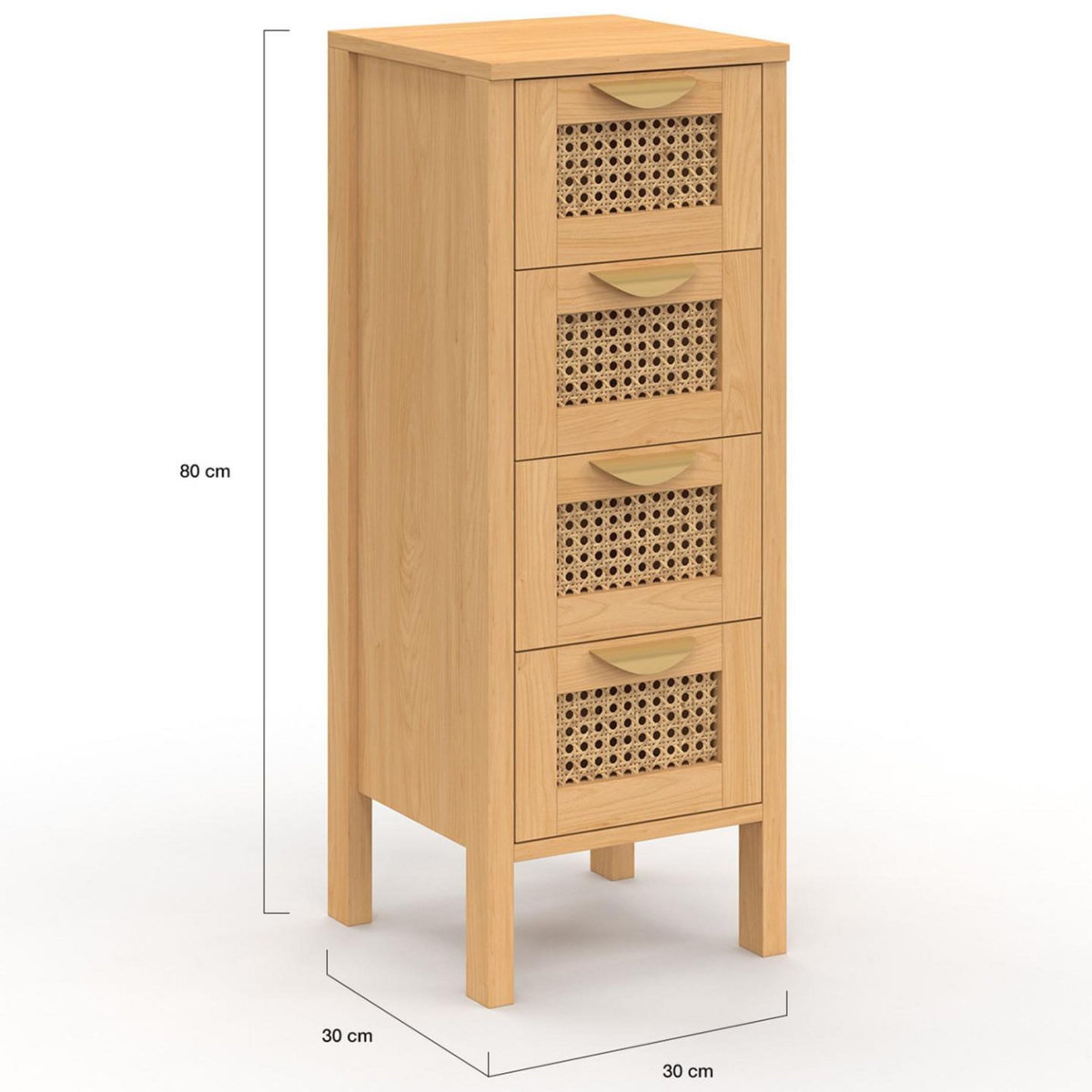 ID MARKET Meuble d'appoint 4 tiroirs EDHEN 30 cm chiffonnier bois et cannage pour entrée salle de bain