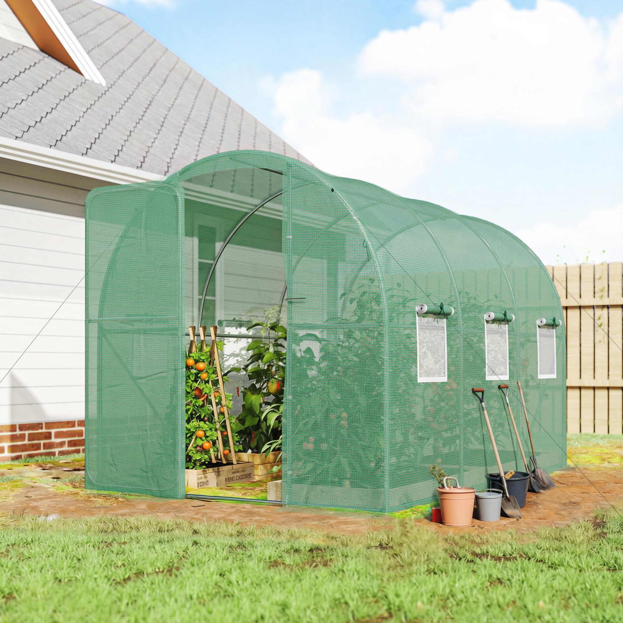 Voir la diapositive 6 : OUTSUNNY Serre tunnel de jardin 6m² porte et 8 fenêtres bâche PE 140 g/m² vert