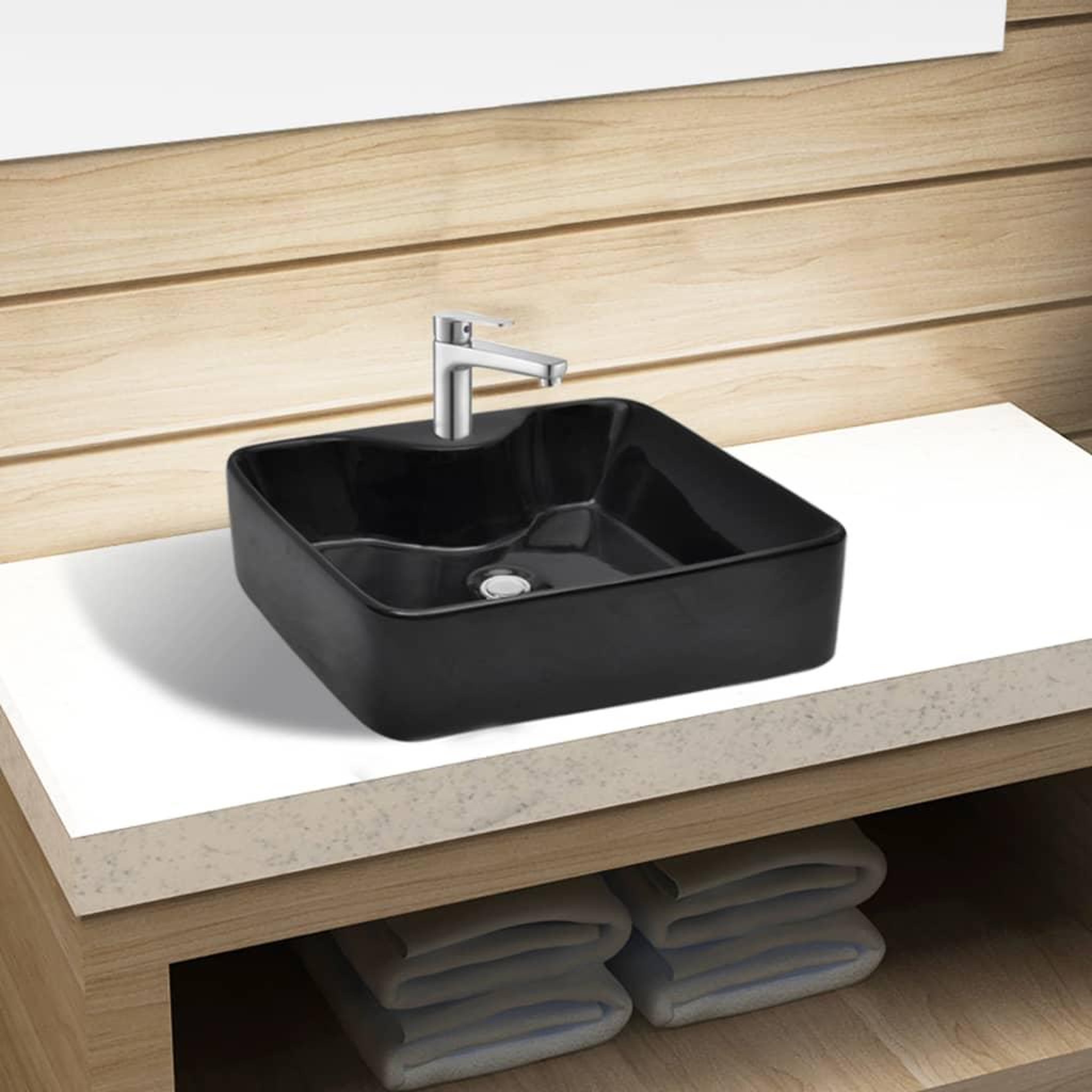 Voir la diapositive 1 : VIDAXL Vasque carree a trou pour robinet ceramique Noir pour salle de bain