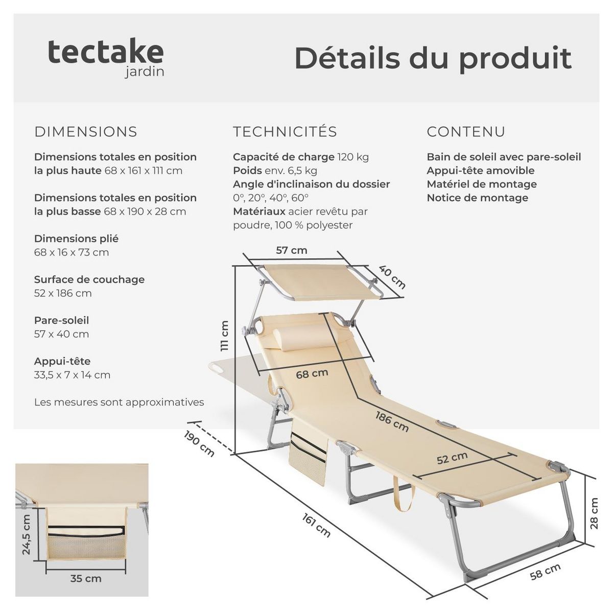 tectake Bain de soleil pliable beige