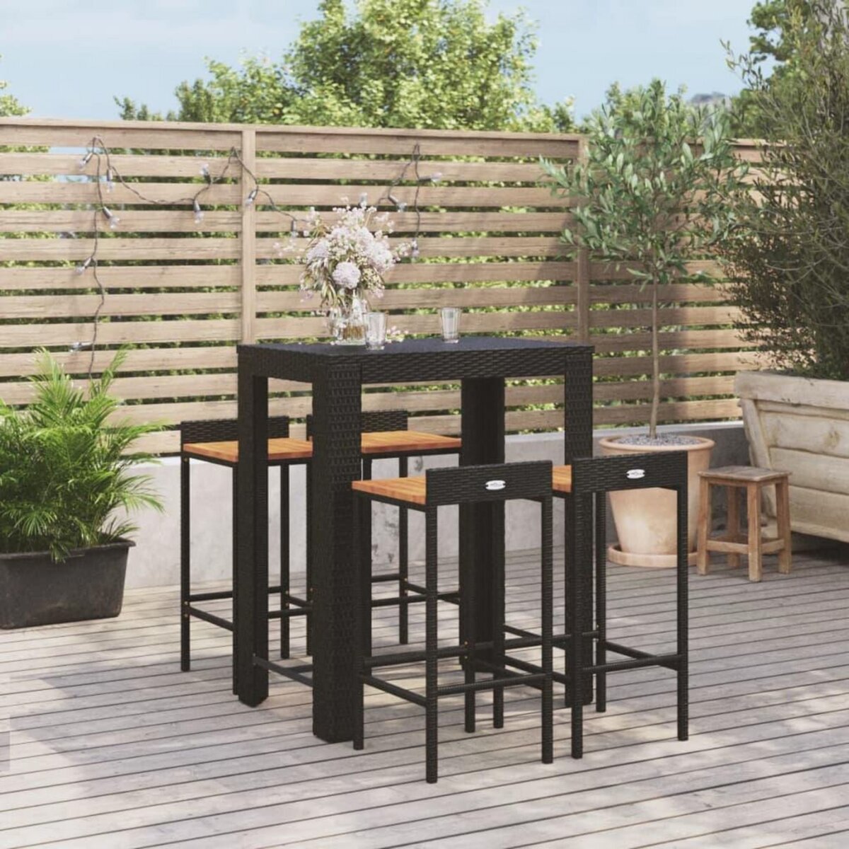 VIDAXL Ensemble de bar jardin 5 pcs noir poly rotin/bois massif acacia