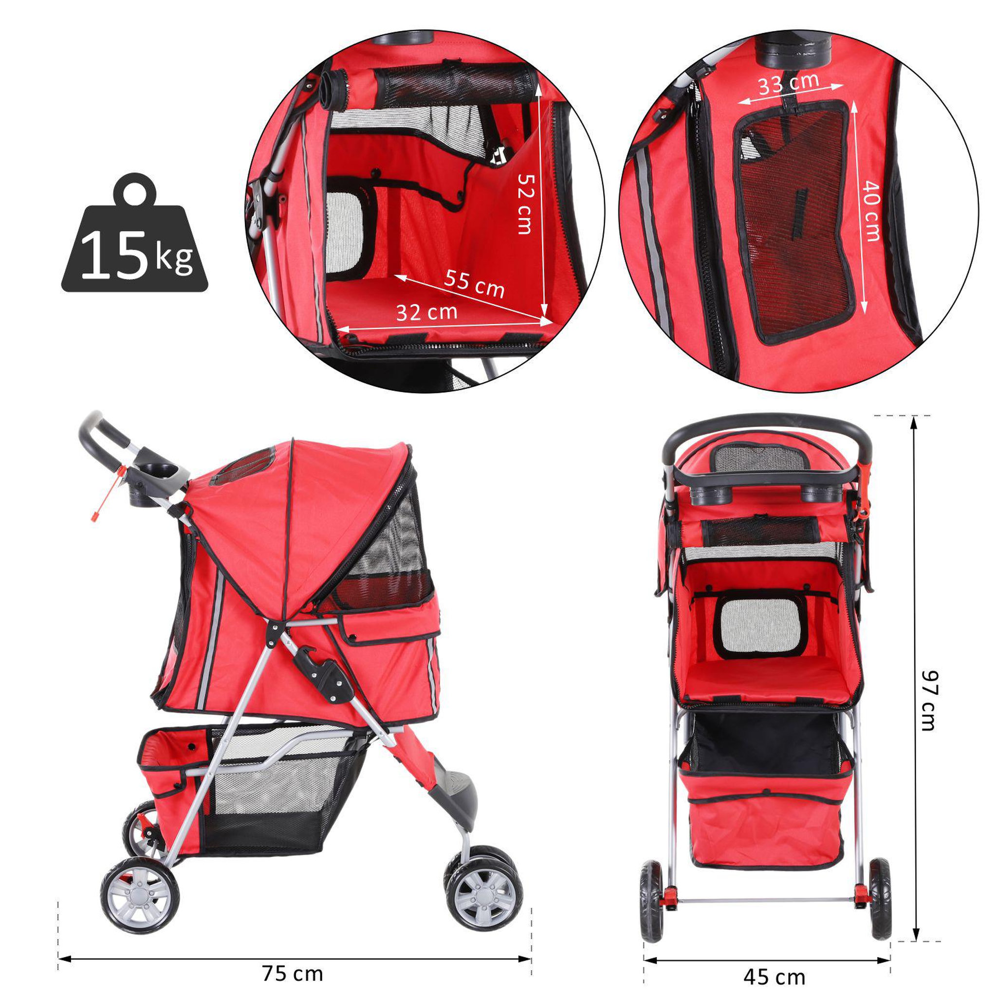 Voir la diapositive 3 : PAWHUT Poussette buggy pour chien chat animaux roue avant pivotante 360 degrés rouge