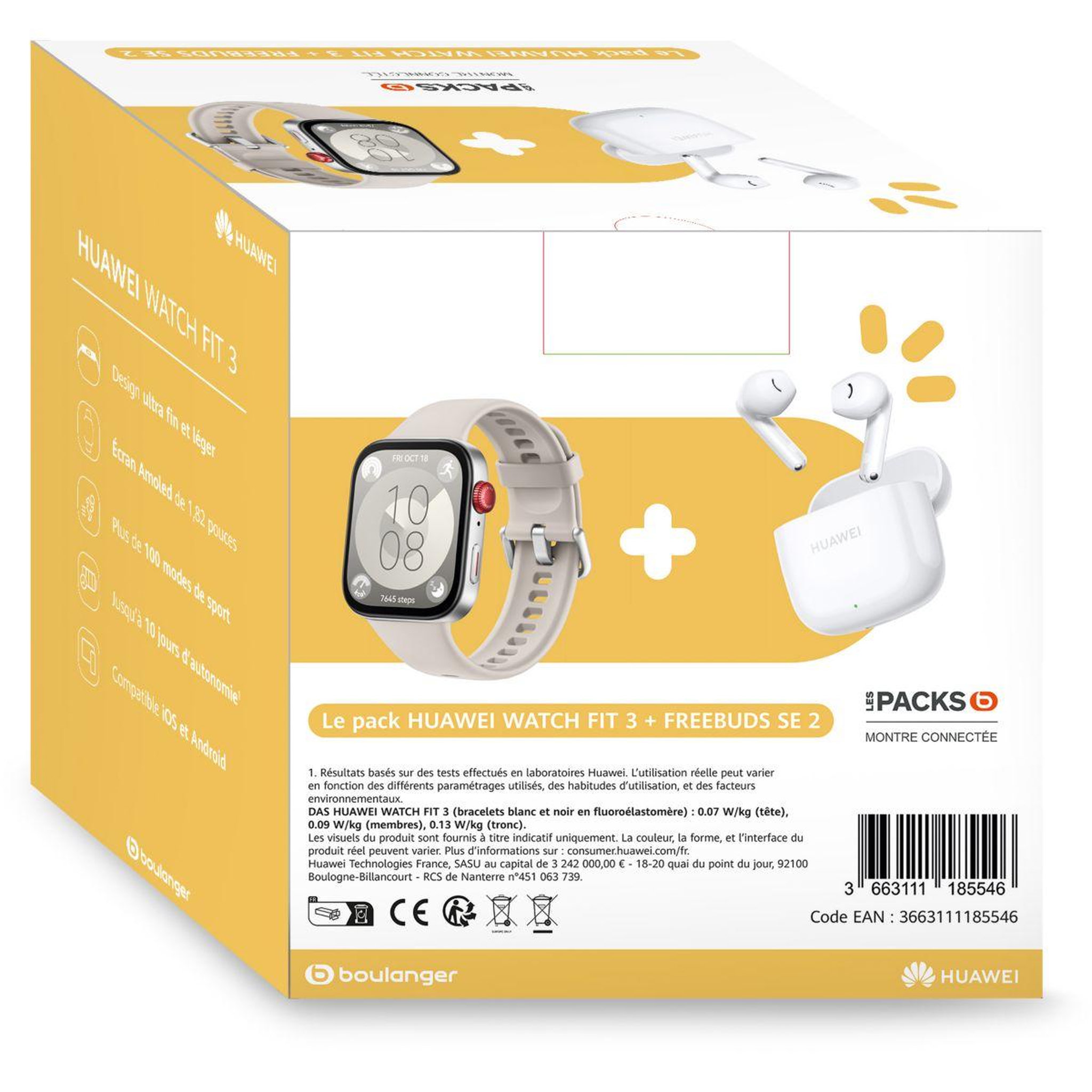 Voir la diapositive 2 : HUAWEI Montre connectée Pack Watch Fit 3 Crème + buds SE 2Blanc