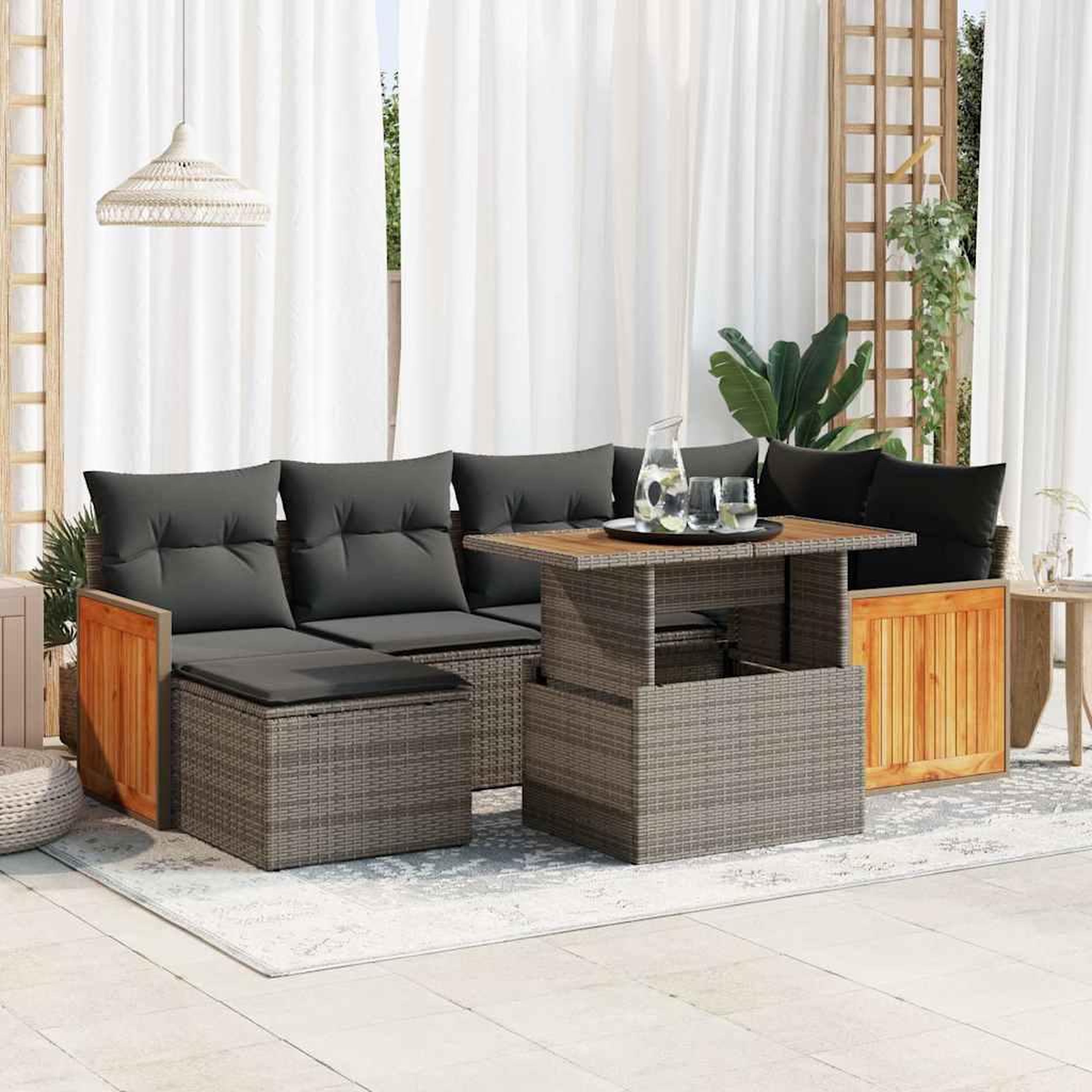 VIDAXL Salon de jardin avec coussins 7 pcs gris resine tressee acacia
