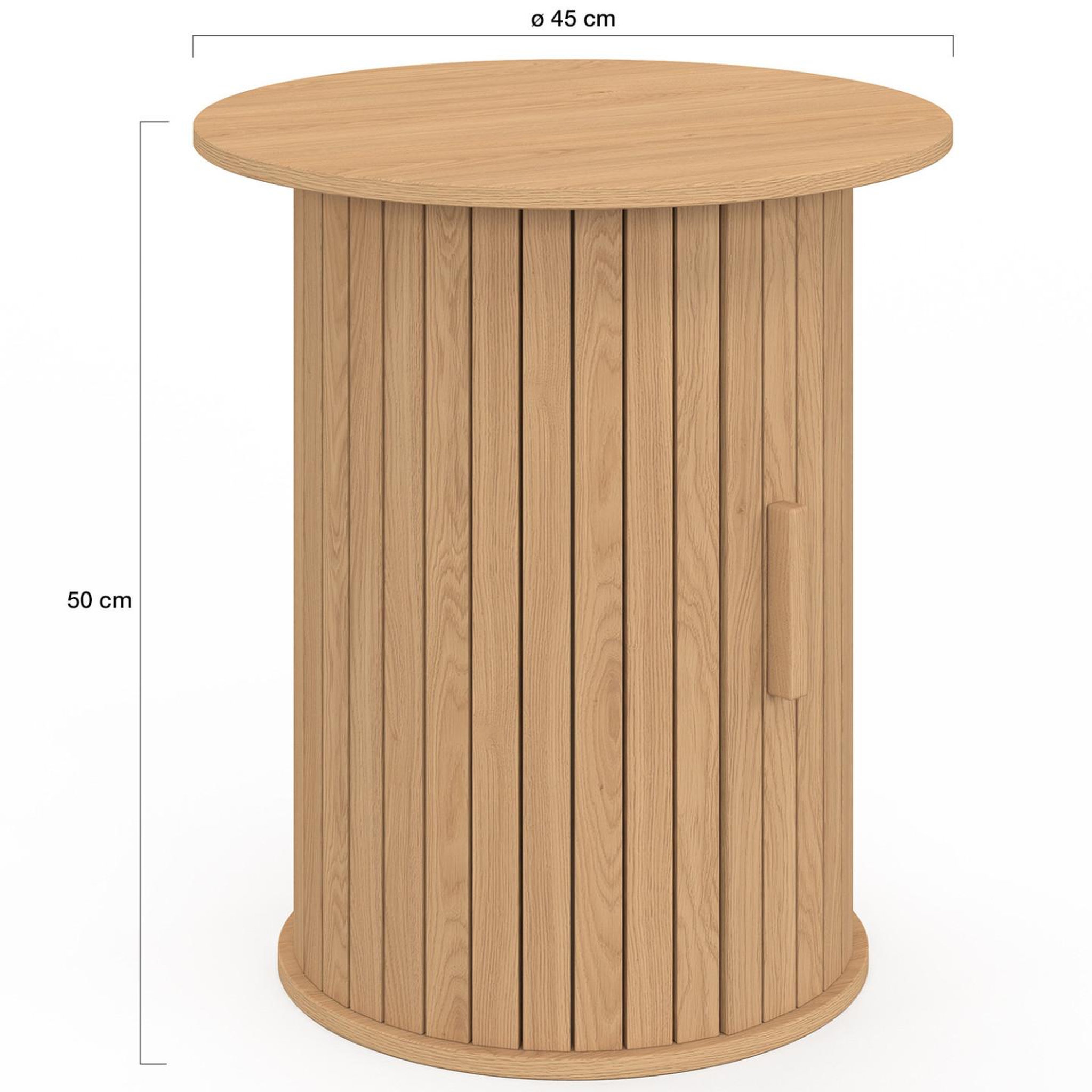 Voir la diapositive 4 : ID MARKET Table d'appoint ronde, bout de canapé, table de chevet JULIETTE 45 cm avec rangement intérieur lattes tasseau bois coloris chêne