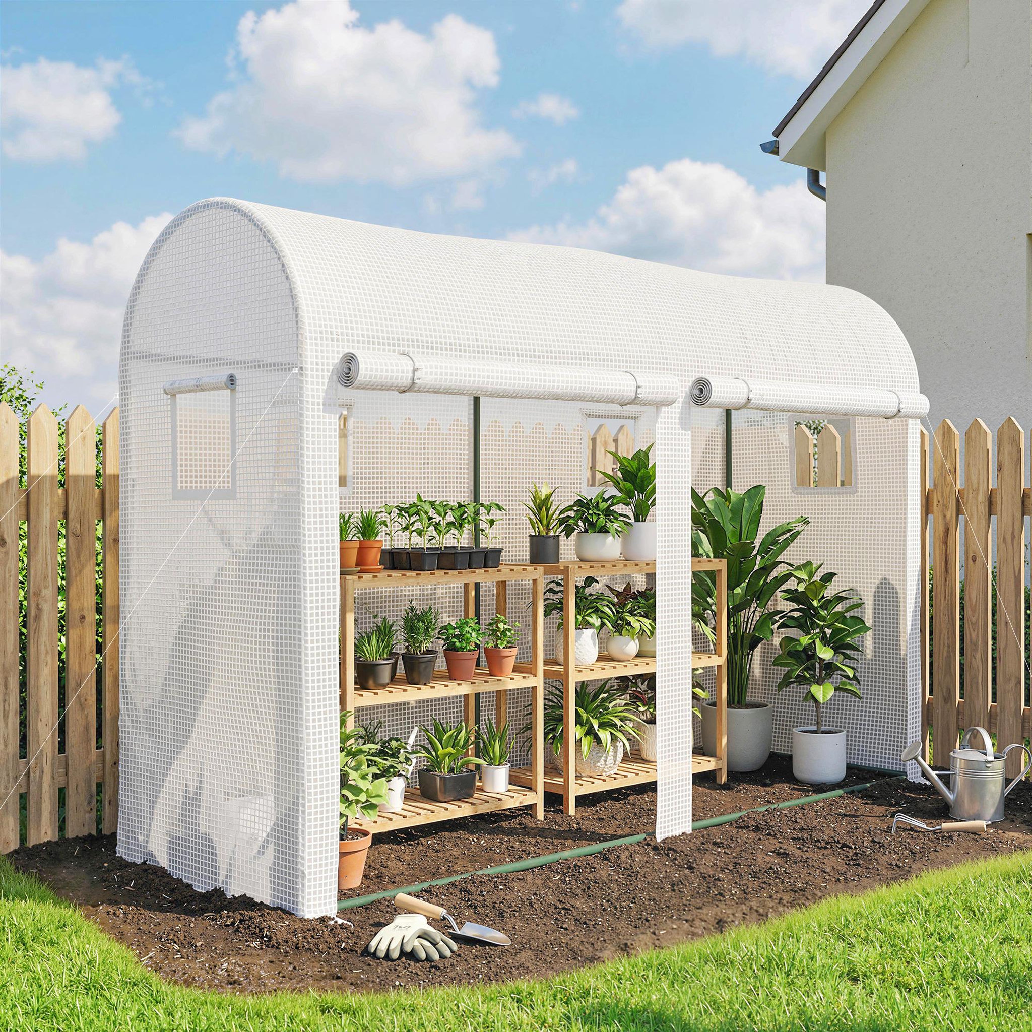 Voir la diapositive 2 : OUTSUNNY Serre de jardin serre à tomates dim. 3 x 1 x 2 m 2 portes 4 fenêtres acier pe haute densité blanc