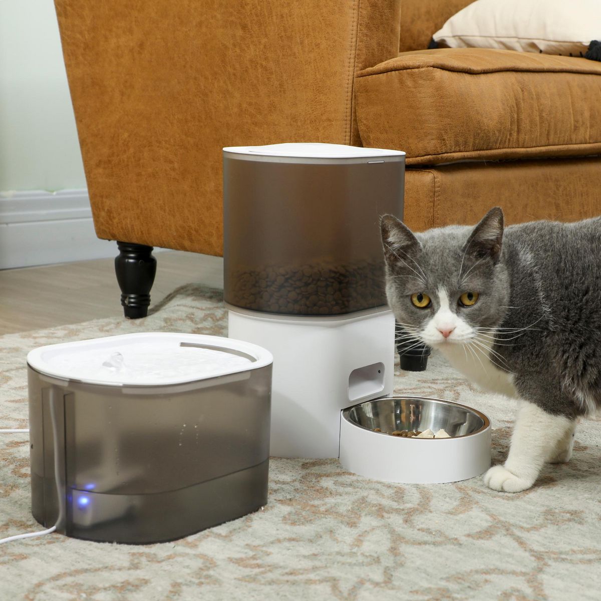 PAWHUT Ensemble distributeur croquettes chat et fontaine à eau blanc