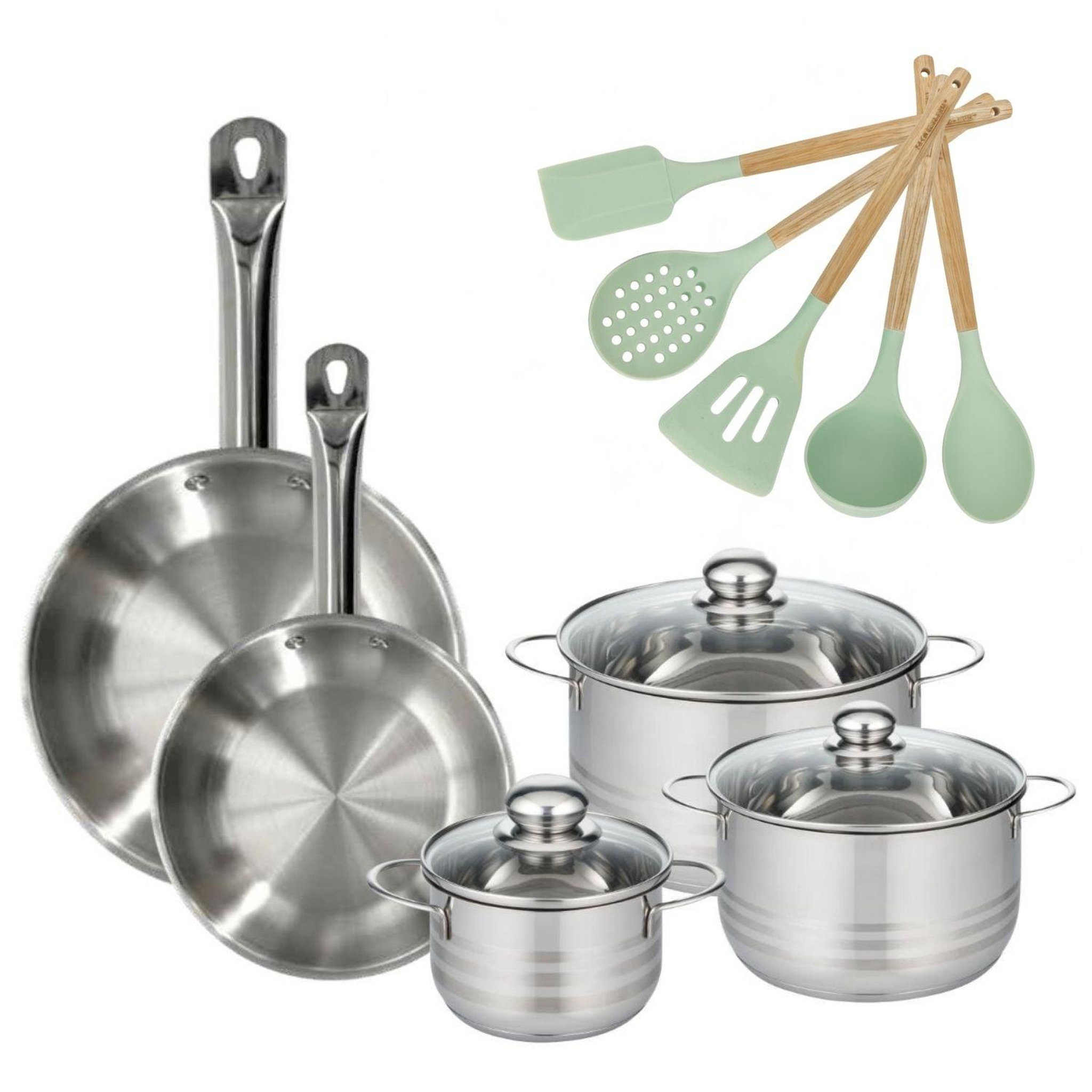 Fackelmann Batterie de cuisine avec 3 faitouts 16/20/24 cm et 2 poêles 24/28 cm avec 5 ustensiles de cuisine fackelmann etherna brillant fenix océan