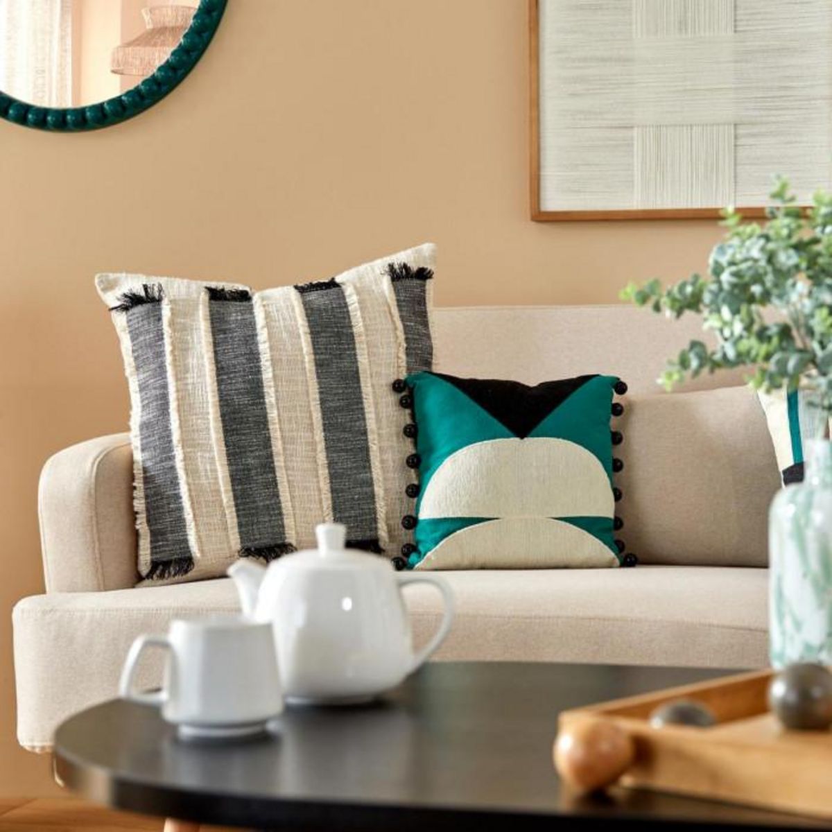 ATMOSPHERA Coussin Déco à Franges  Malakite  50x50cm Noir & Blanc