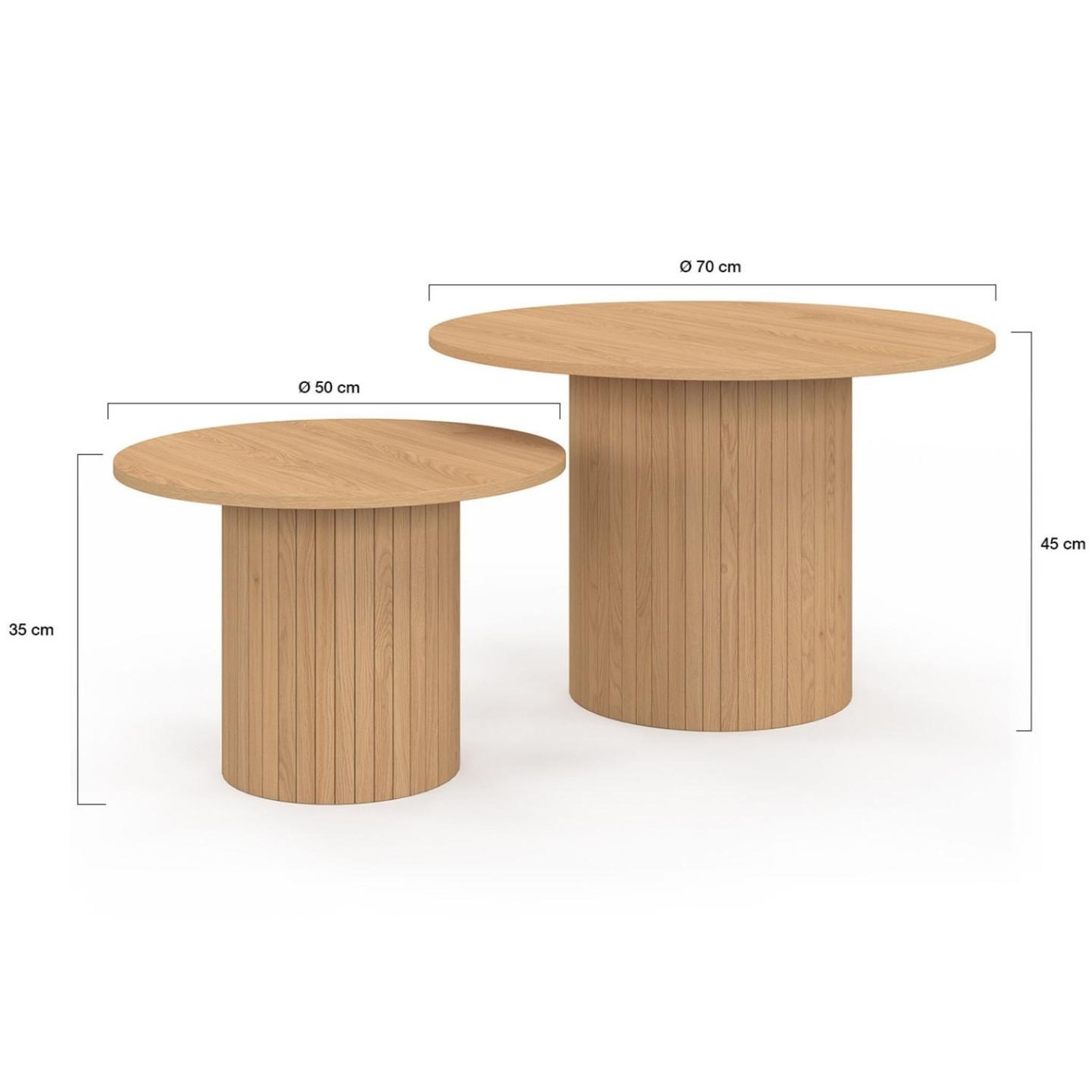 Voir la diapositive 4 : ID MARKET Lot de 2 tables basses gigognes juliette rondes 50/70 effet lattes tasseau bois coloris chêne