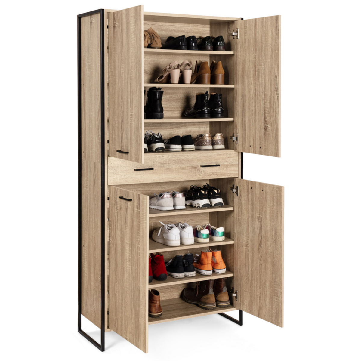 ID MARKET Armoire à chaussures 24 paires LUIS 4 portes avec tiroir design industriel H. 180 cm
