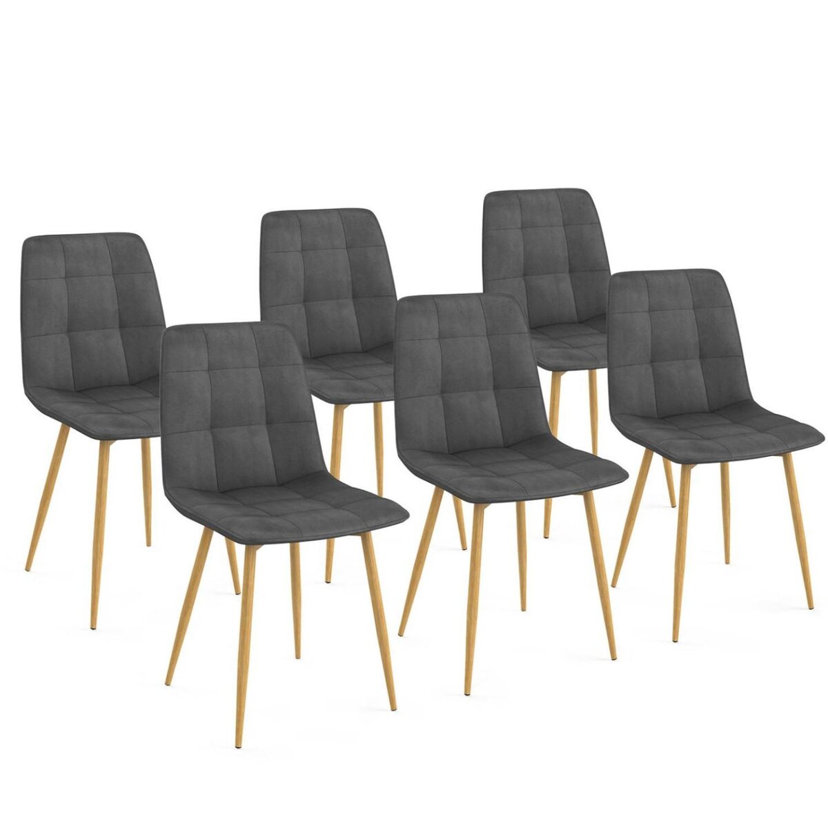 ID MARKET Lot de 6 chaises MILA en velours gris foncé pied effet bois pour salle à manger