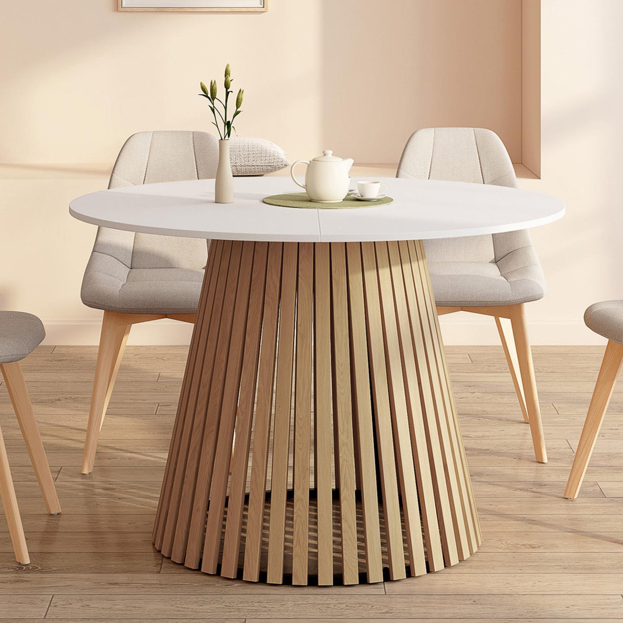 Voir la diapositive 2 : ID MARKET Table à manger ronde carmen 6 personnes pied bois en lattes et plateau bois blanc 110 cm