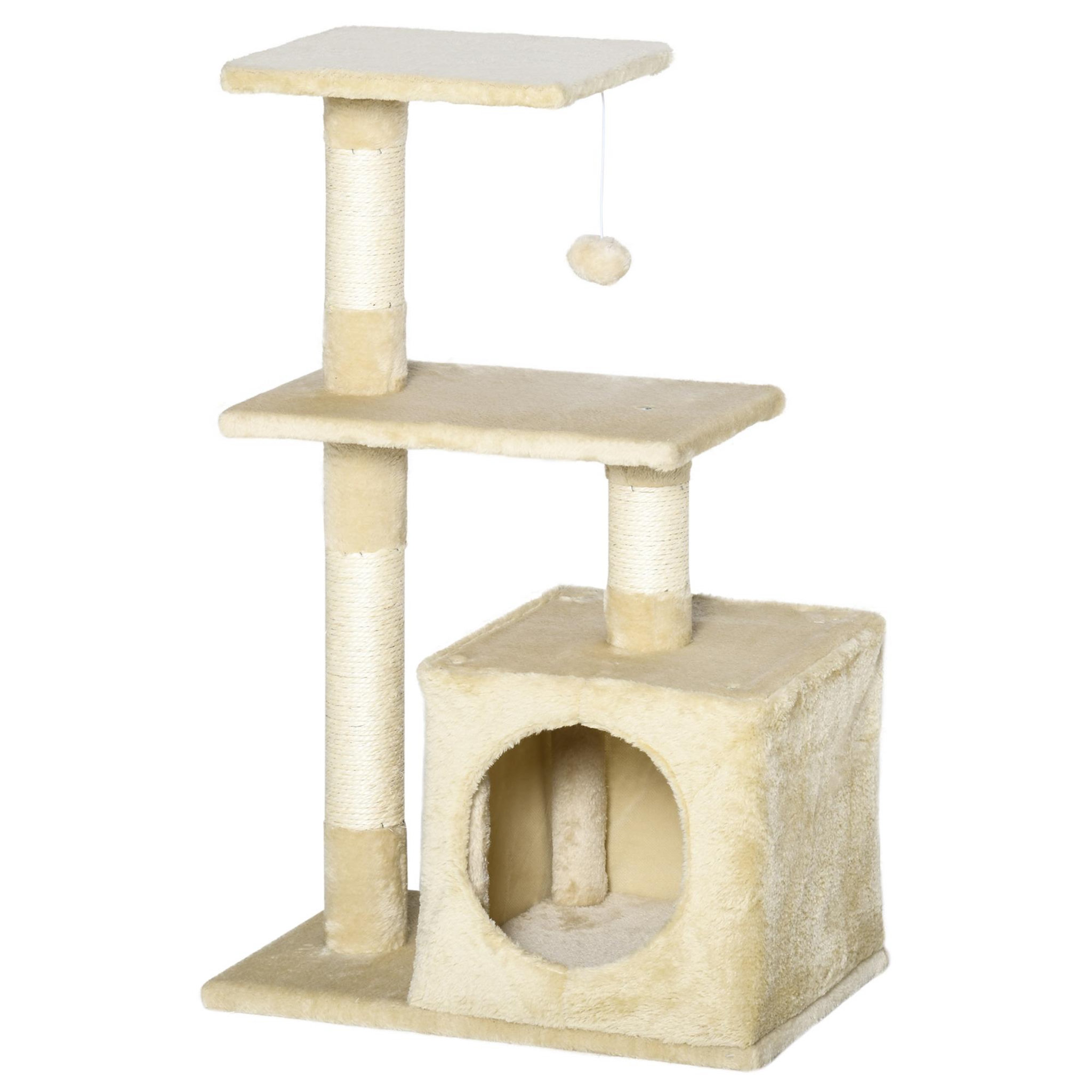 PAWHUT Arbre à chat h.81cm niche 3 griffoirs 2 plateformes jeu boule suspendue beige