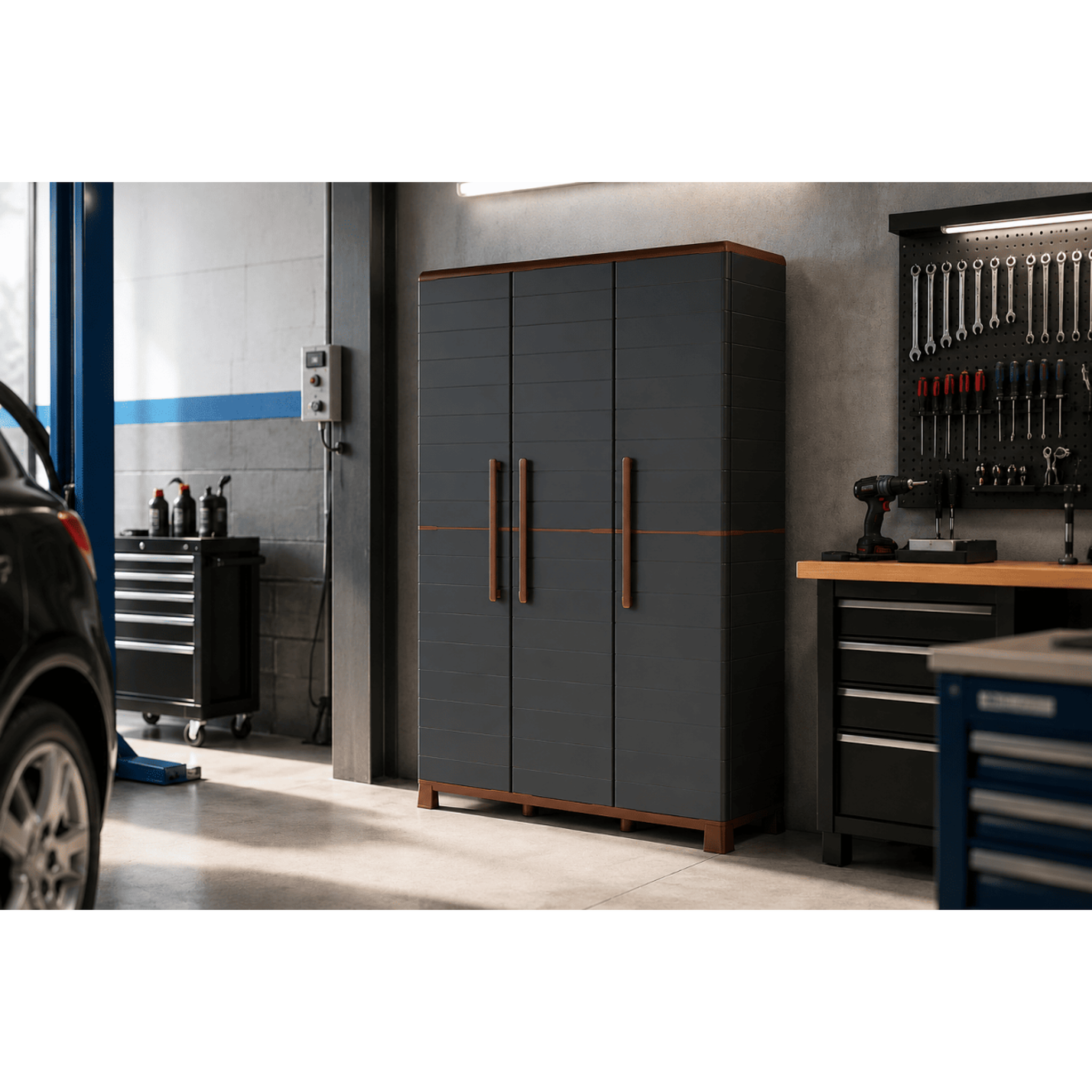 Voir la diapositive 4 : ART PLAST Armoire porte-balai anthracite 3 portes 3 etagères réglables 102 x 37 x 169 cm - garage buanderie cellier art plast