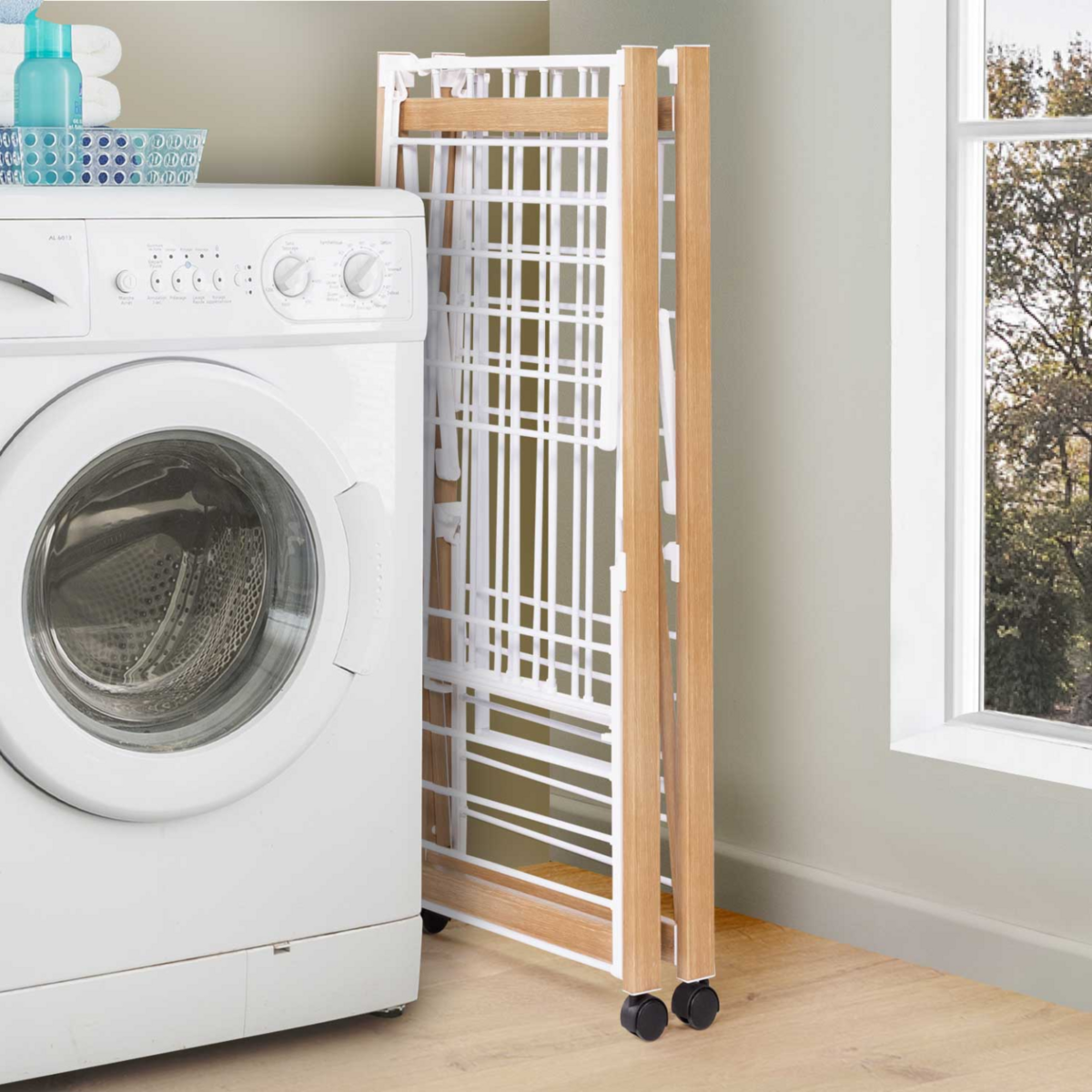 ID MARKET Séchoir à linge pliable DELUXE capacité 22M avec tringle blanc et effet bois