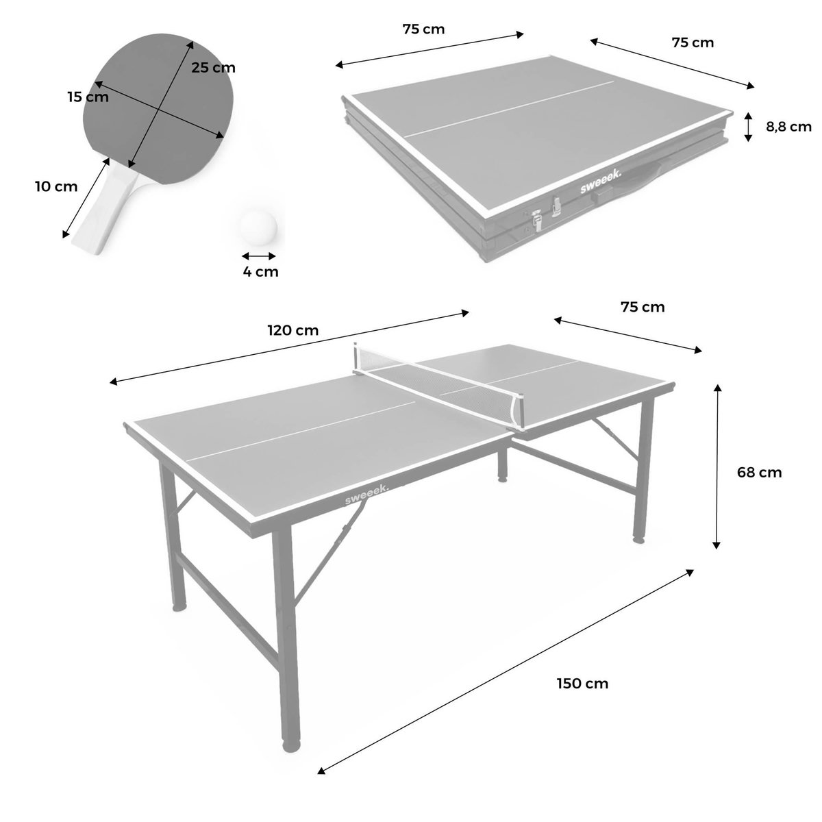 SWEEEK Mini table de ping pong 150x75cm - table pliable INDOOR bleue. avec 4 raquettes et 6 balles