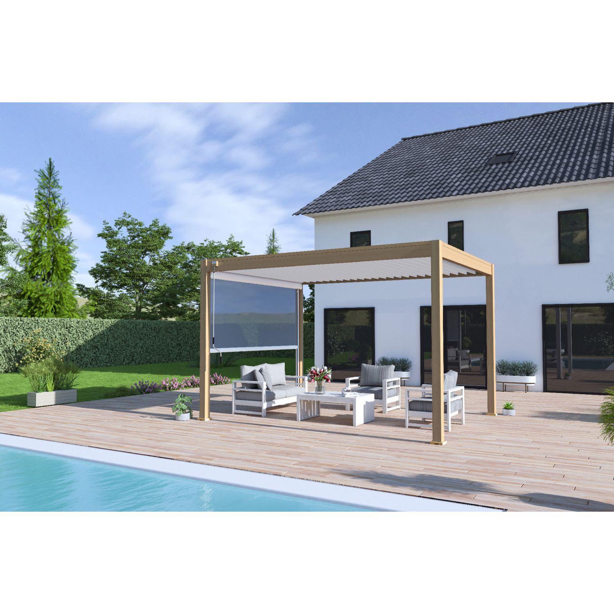 Voir la diapositive 2 : Pergola Bioclimatique autoportée 3X4 m - Aluminium - effet bois naturel/blanc - VS OMBREA®