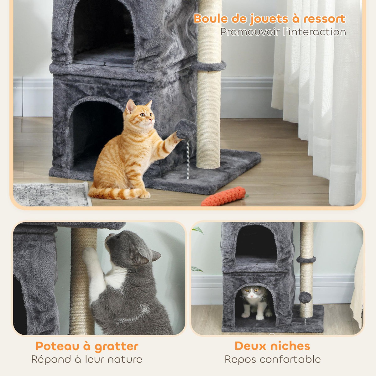 PAWHUT Arbre à chat griffoir 2 niches grande plateforme panier d'observation boule ressort gris