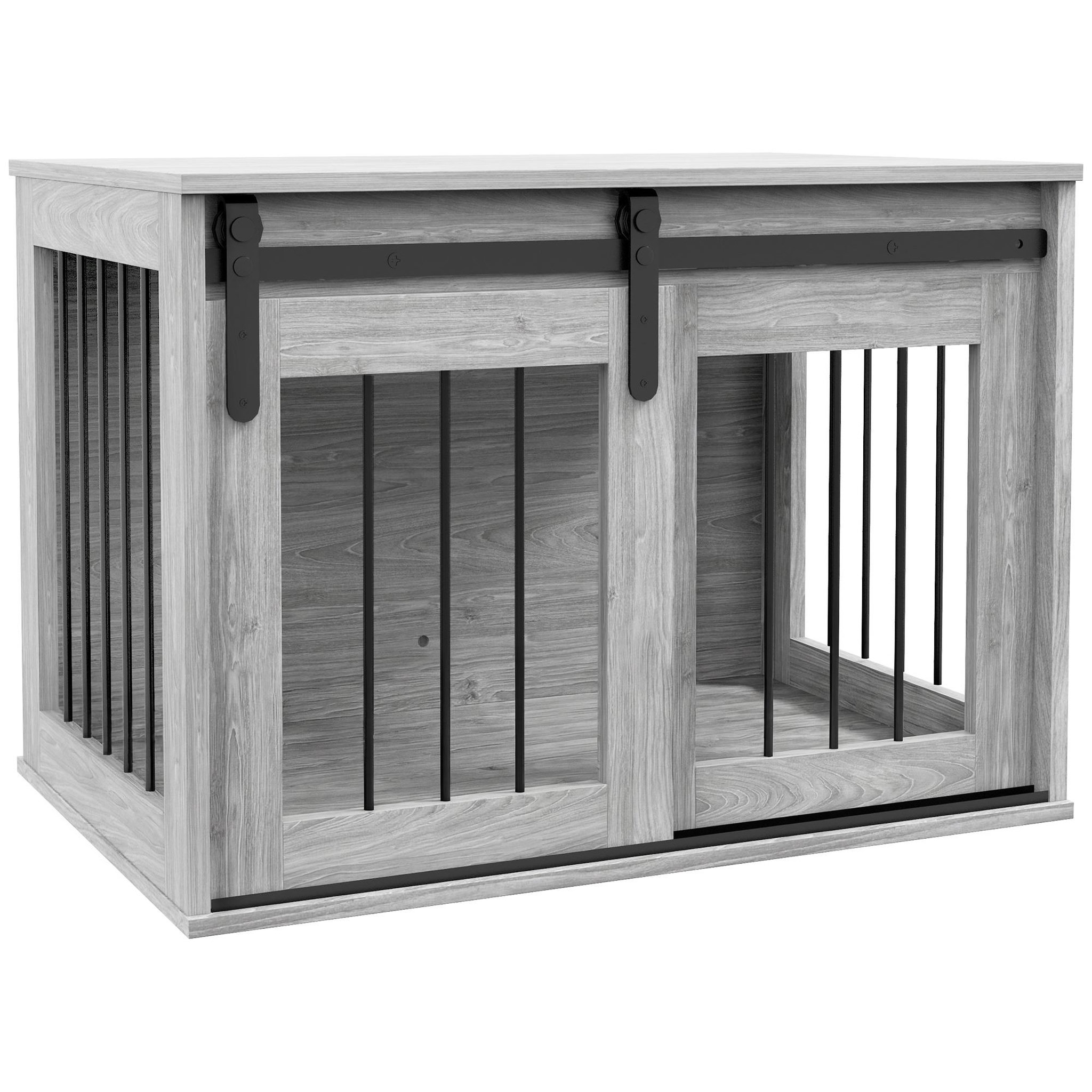 PAWHUT Cage pour chien animaux style industriel - porte coulissante verrouillable - acier noir aspect bois gris