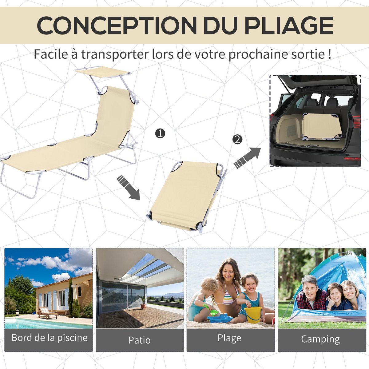 OUTSUNNY Transat bain de soleil pliable grand confort dossier et pare-soleil réglable multi-positions beige