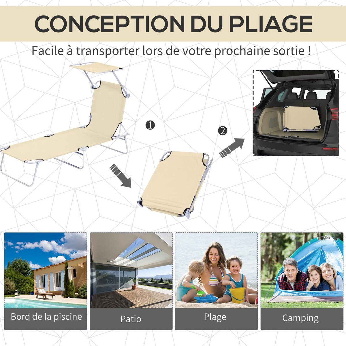 OUTSUNNY Transat bain de soleil pliable grand confort dossier et pare-soleil réglable multi-positions beige