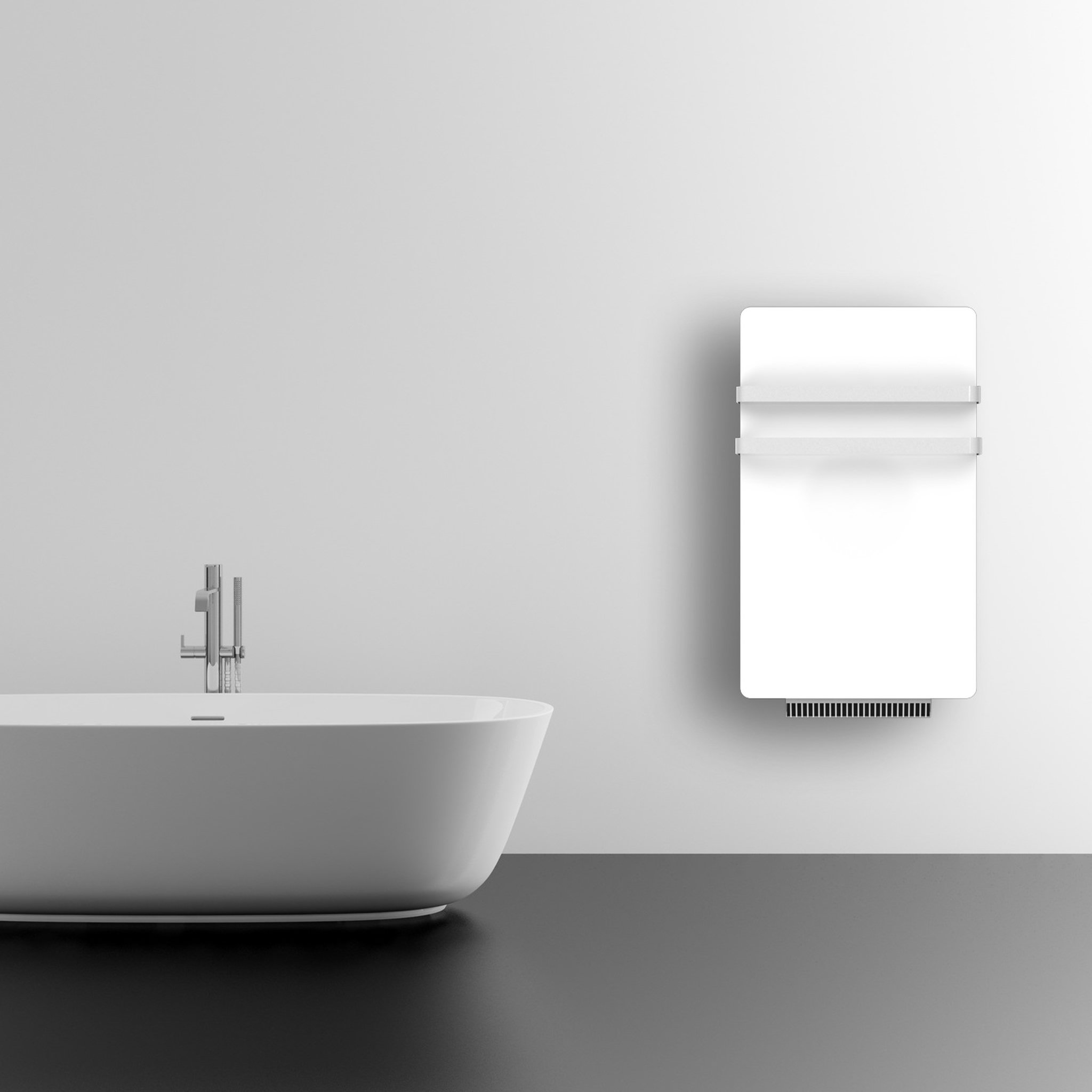 Voir la diapositive 1 : CARRERA Sèche-serviettes électrique 500W avec soufflerie 900W à rayonnement en verre blanc