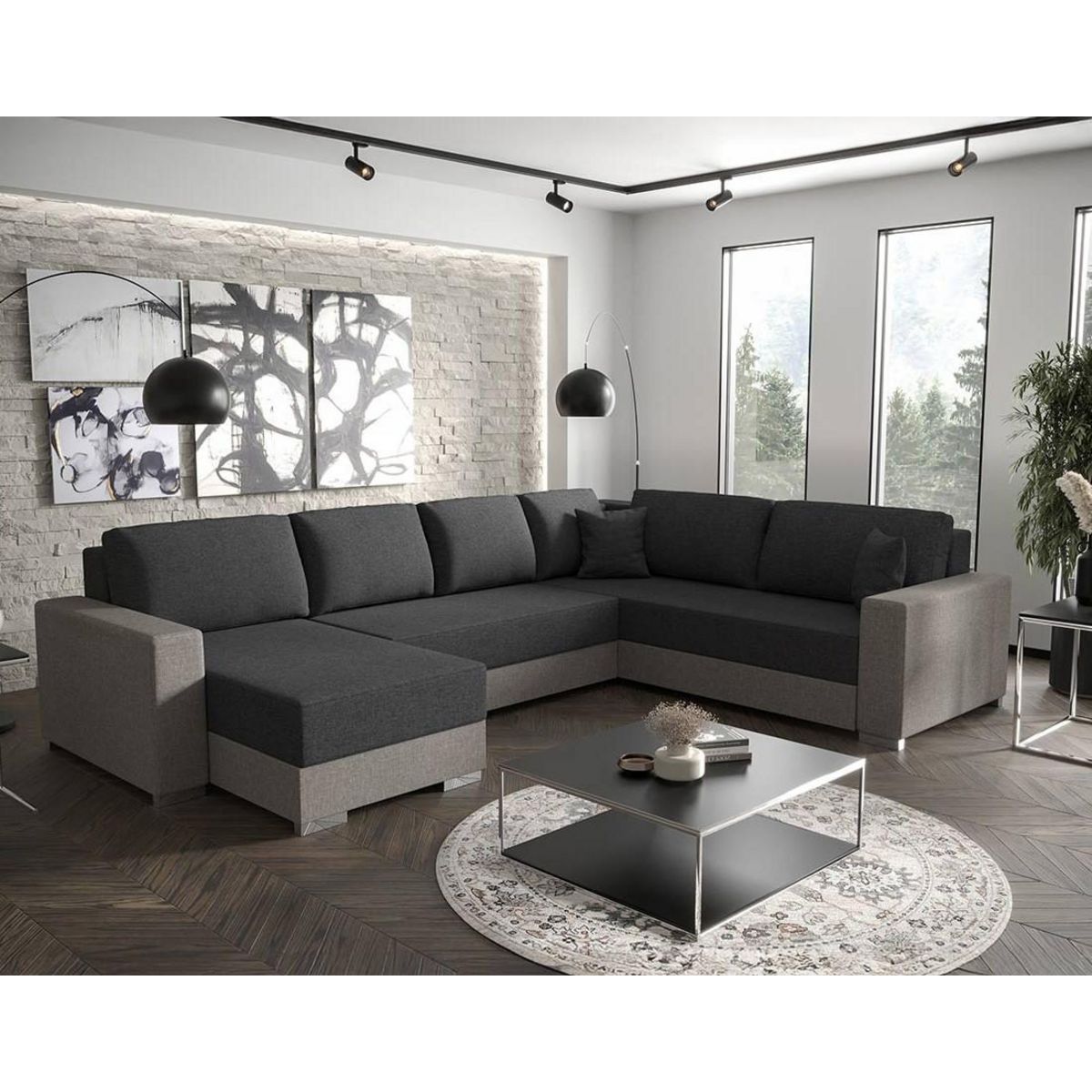 BEST MOBILIER Epona - canapé panoramique d'angle réversible 7 places convertible avec coffre en tissu