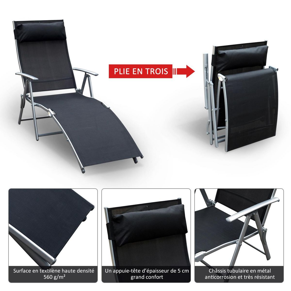 OUTSUNNY Outsunny transat chaise longue bain de soleil pliable dossier inclinable multi-positions têtière fournie 137L x 64l x 101H cm métal époxy textilène noir