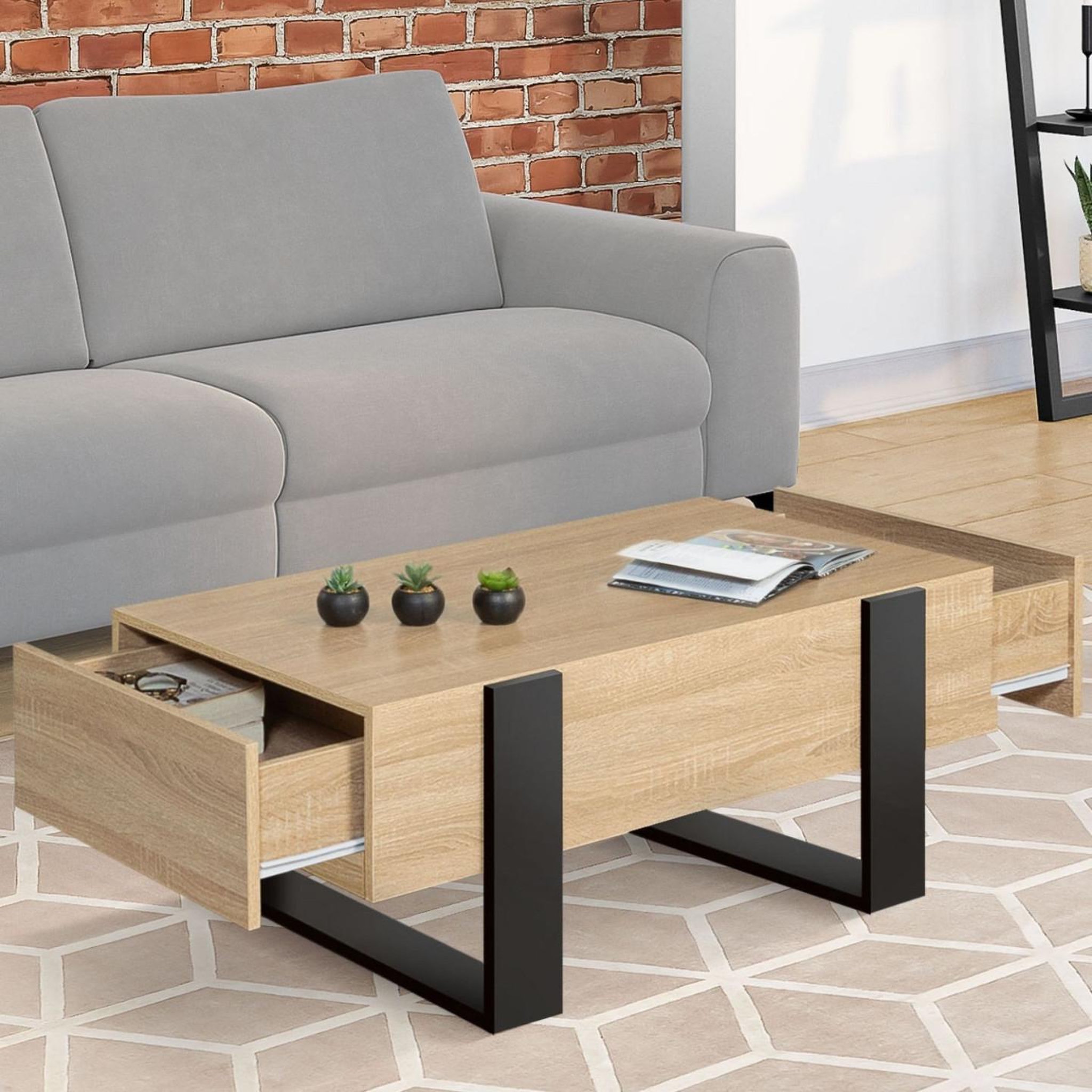 Voir la diapositive 2 : ID MARKET Table basse rectangulaire phoenix avec tiroirs 100 cm bois et noir