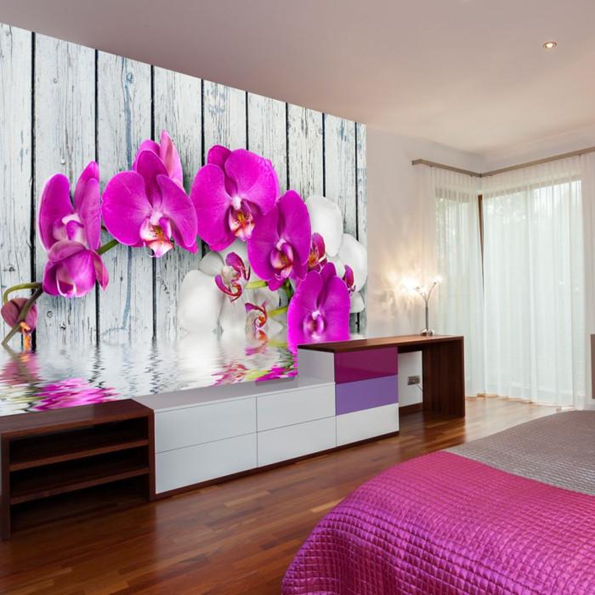 Paris Prix Papier Peint  Violet Orchids with Water Reflexion. Coloris disponibles : Multicolore